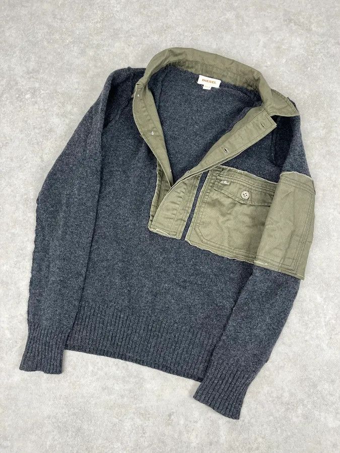 Diesel 2000s Diesel Khaki Patchwork Grey Wool Polo Sweater Size US M / EU 48-50 / 2 - 5 Thumbnail