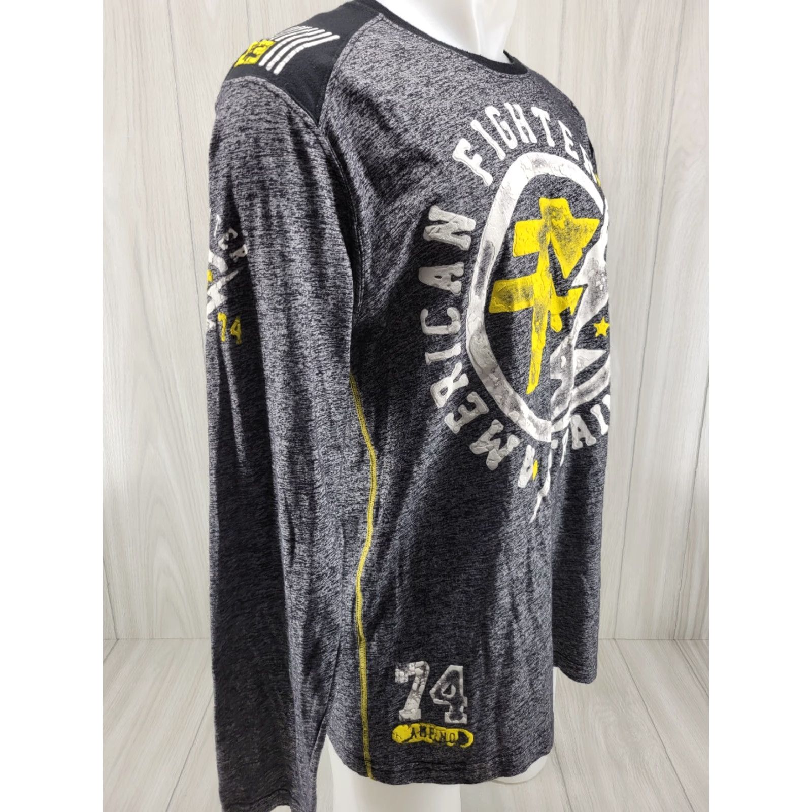 Vintage American Fighter Shirt Long Sleeve Mens XL Gray Yellow MMA Y2kXS? Size US XL / EU 56 / 4 - 4 Thumbnail