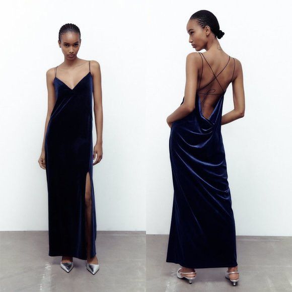 Zara Blue Velvet Slip Dress | Grailed