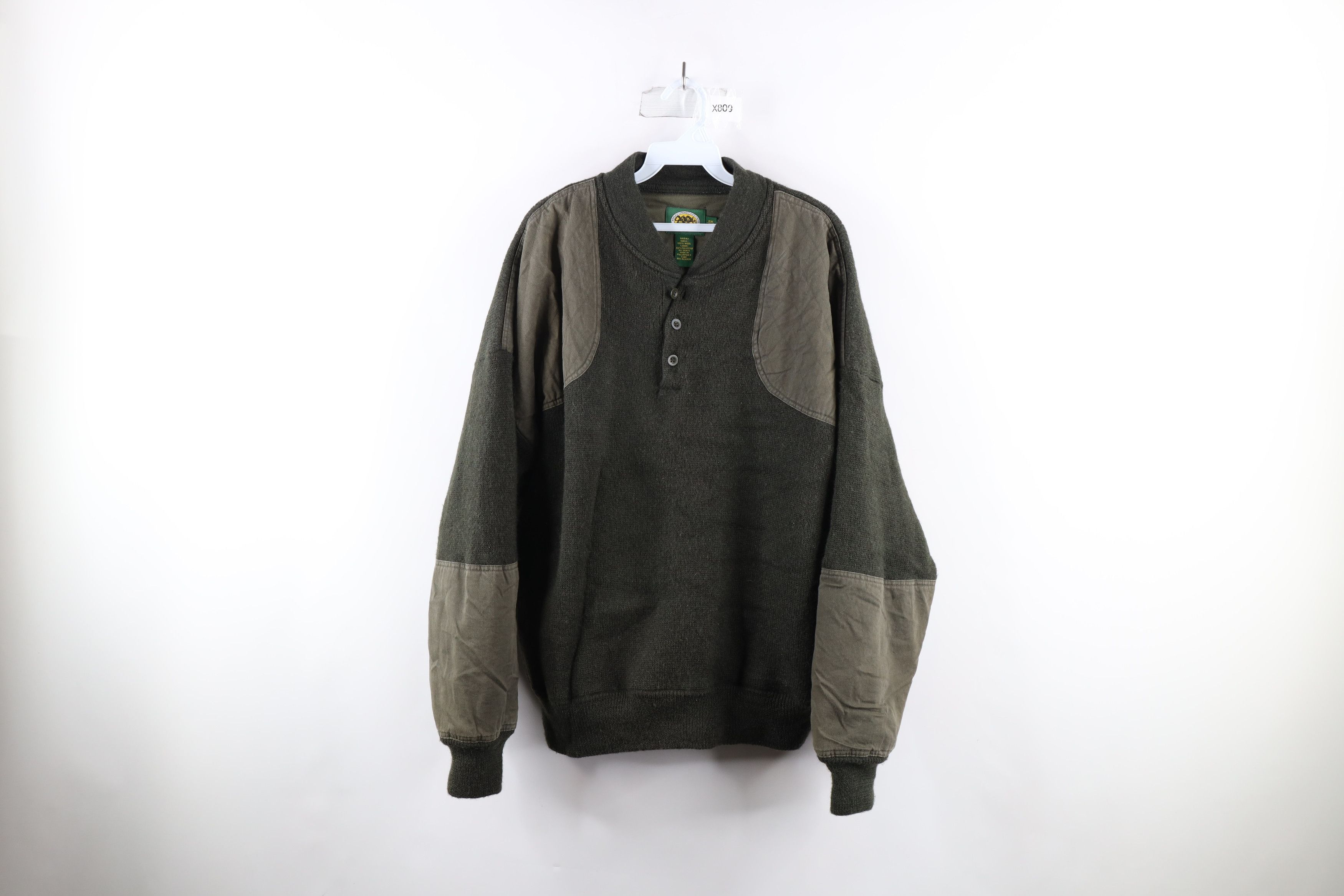 image of 90's Cabelas Wool Knit Pullover Henley Sweater Jacket in Green, Men's (Size 2XL)