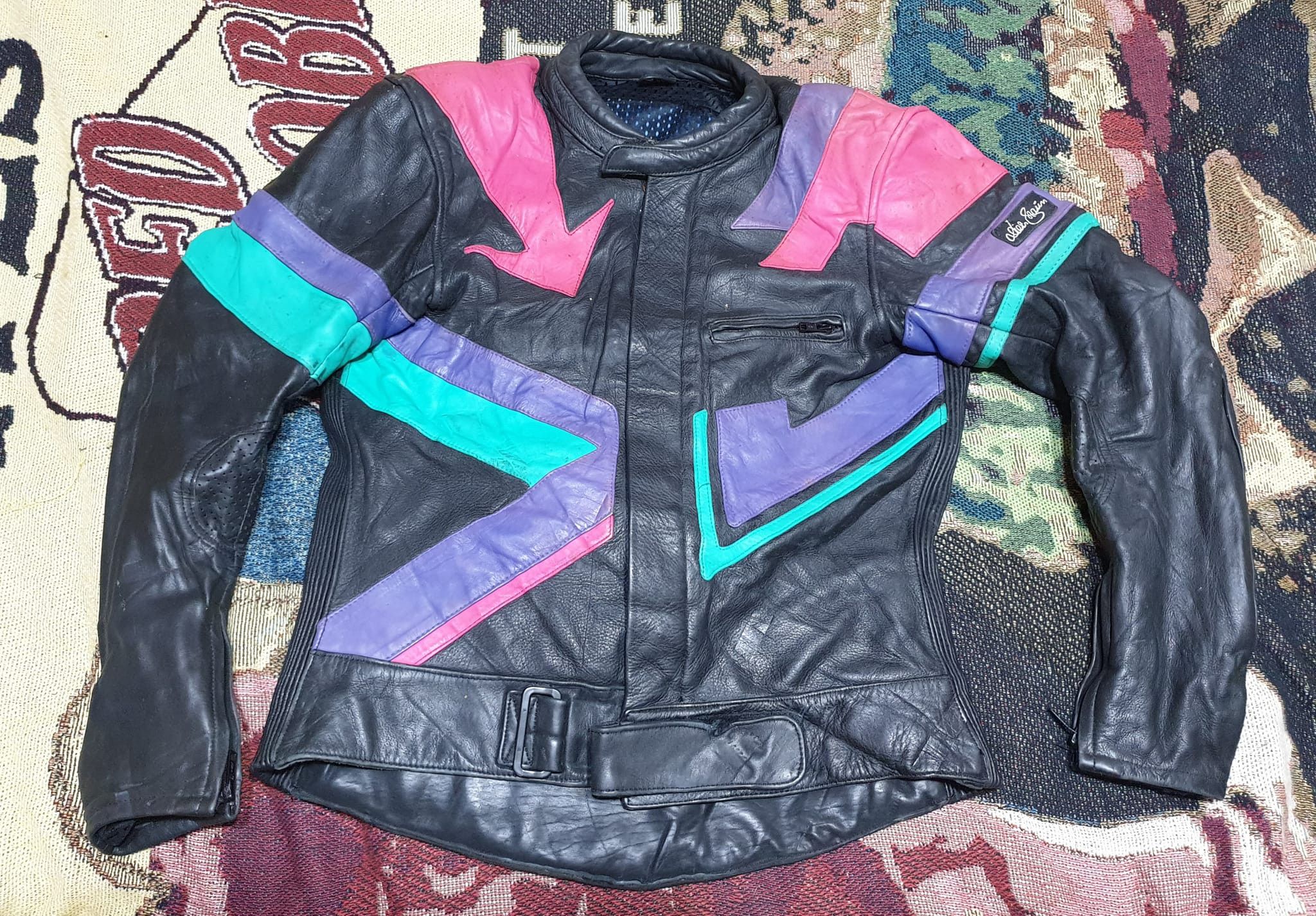 image of Avant Garde Racing Moto Leather Jacket Vintage in Black Ink Blue Pink Purple, Men's (Size XS)