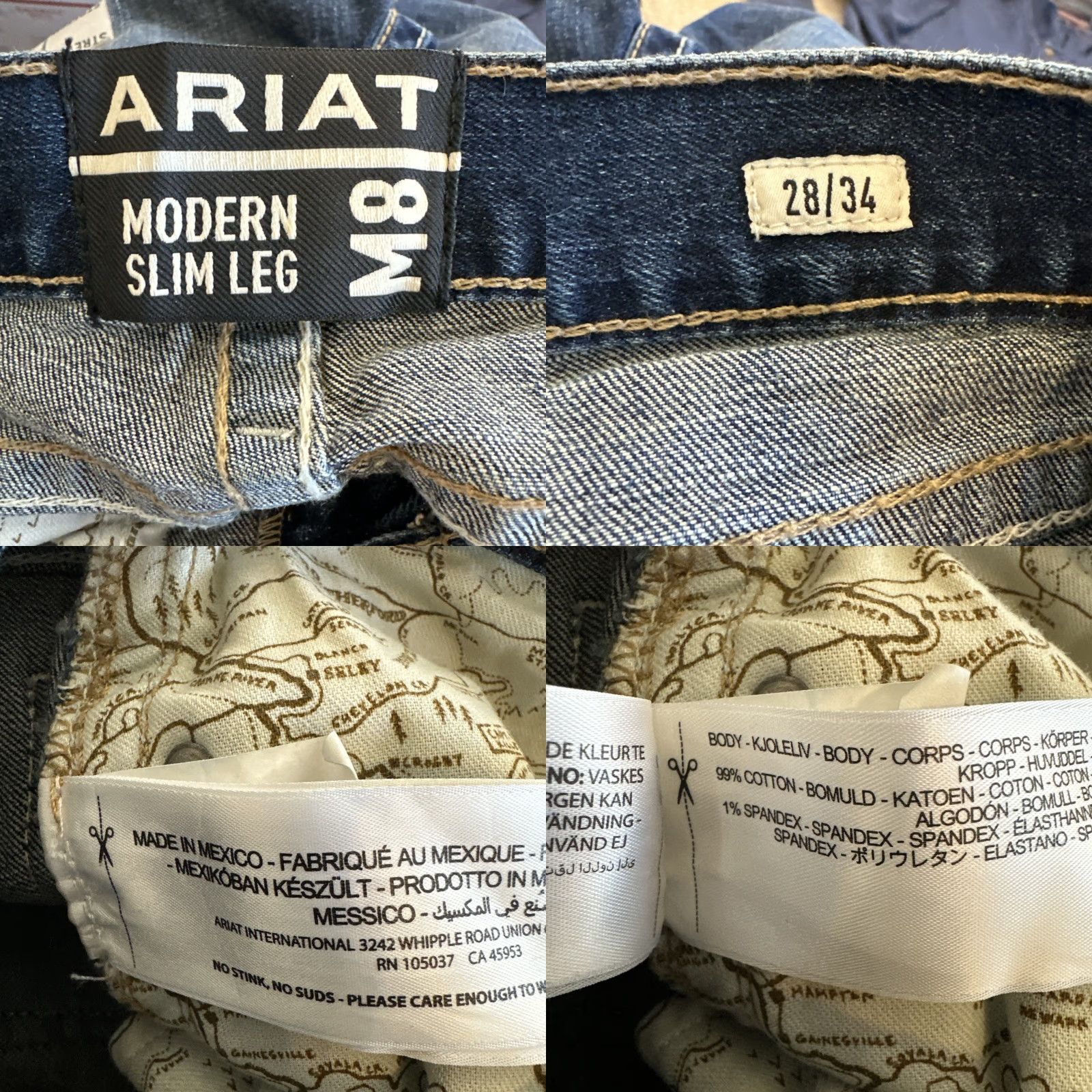 Ariat Jeans Adult 28/34 Blue Slim M8 Western 5-Pocket Denim Cotton Mens
