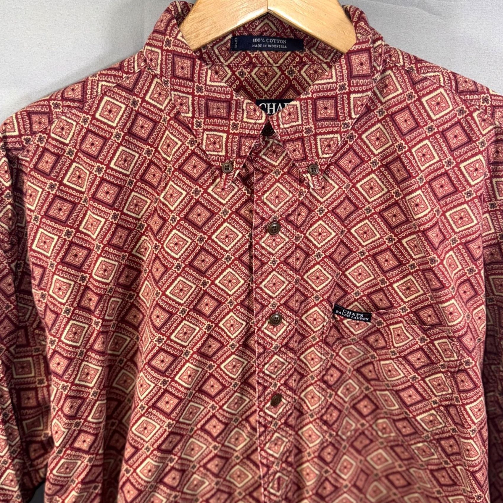 Chaps Chaps Ralph Lauren Shirt Mens XL Red Geometric Diamond Print Cotton Long Sleeve Shirt Size US XL / EU 56 / 4 - 3 Thumbnail