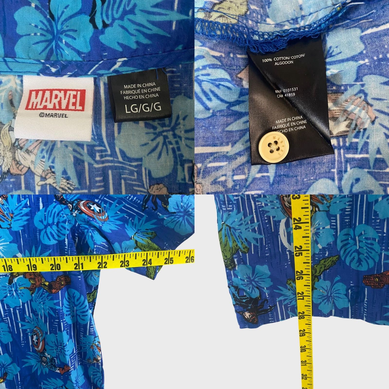 Vintage Marvel Avengers Tropical Hawaiian Shirt Blue Men’s Large Short-Sleeve Button-Up Size US L / EU 52-54 / 3 - 8 Thumbnail