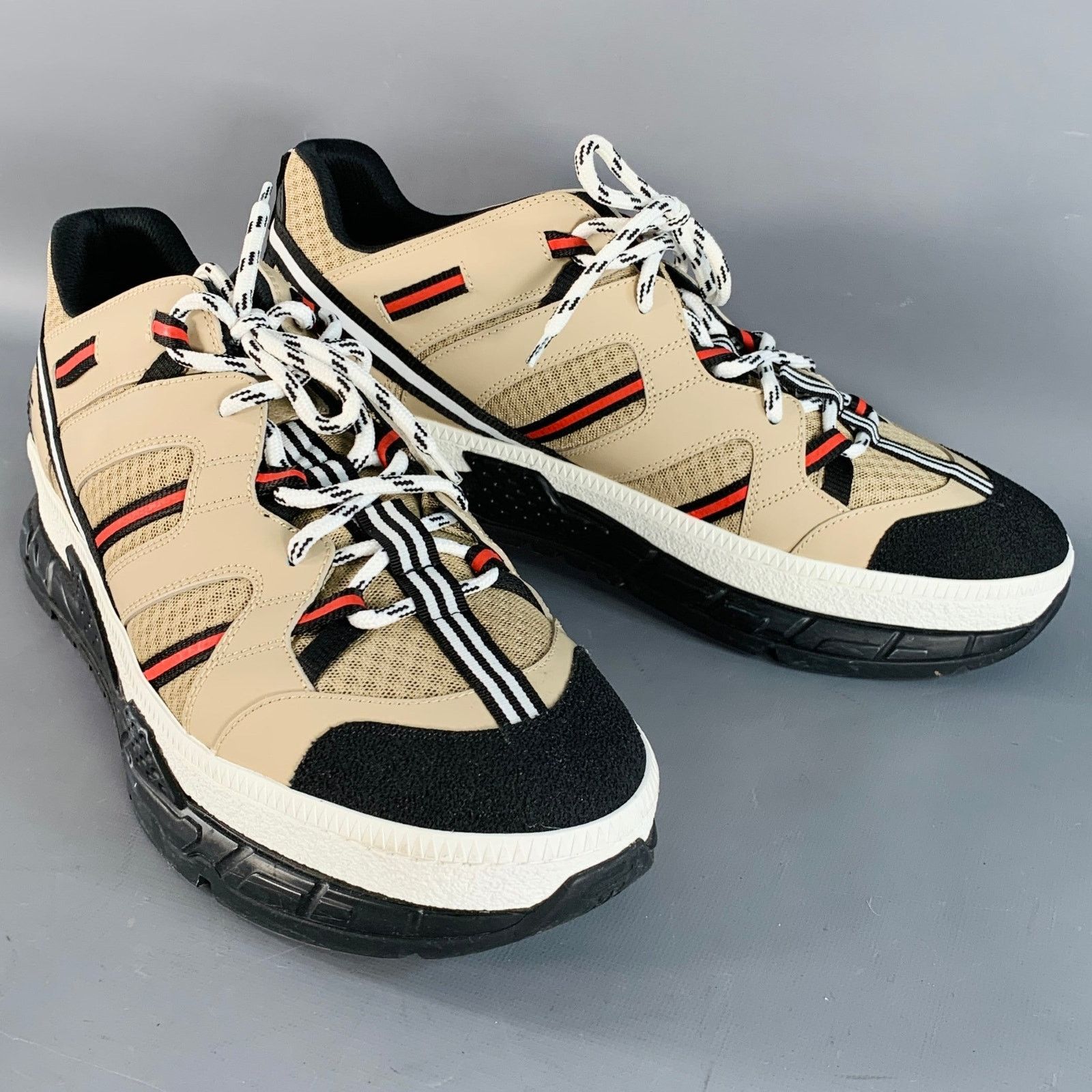 Burberry Size 12 Tan Black Red Stripe Mesh Low Top Sneakers Size US 12 / EU 45 - 1 Thumbnail