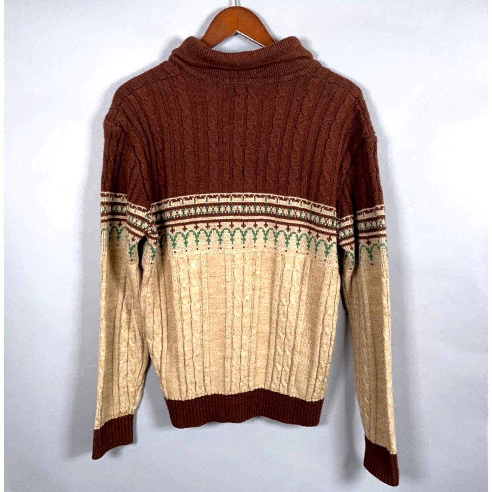 JCPenney VINTAGE J. C. Penney Shawl Collar Sweater Mens Large Beige Brown Fair Isle 70s VTG Size US L / EU 52-54 / 3 - 2 Thumbnail