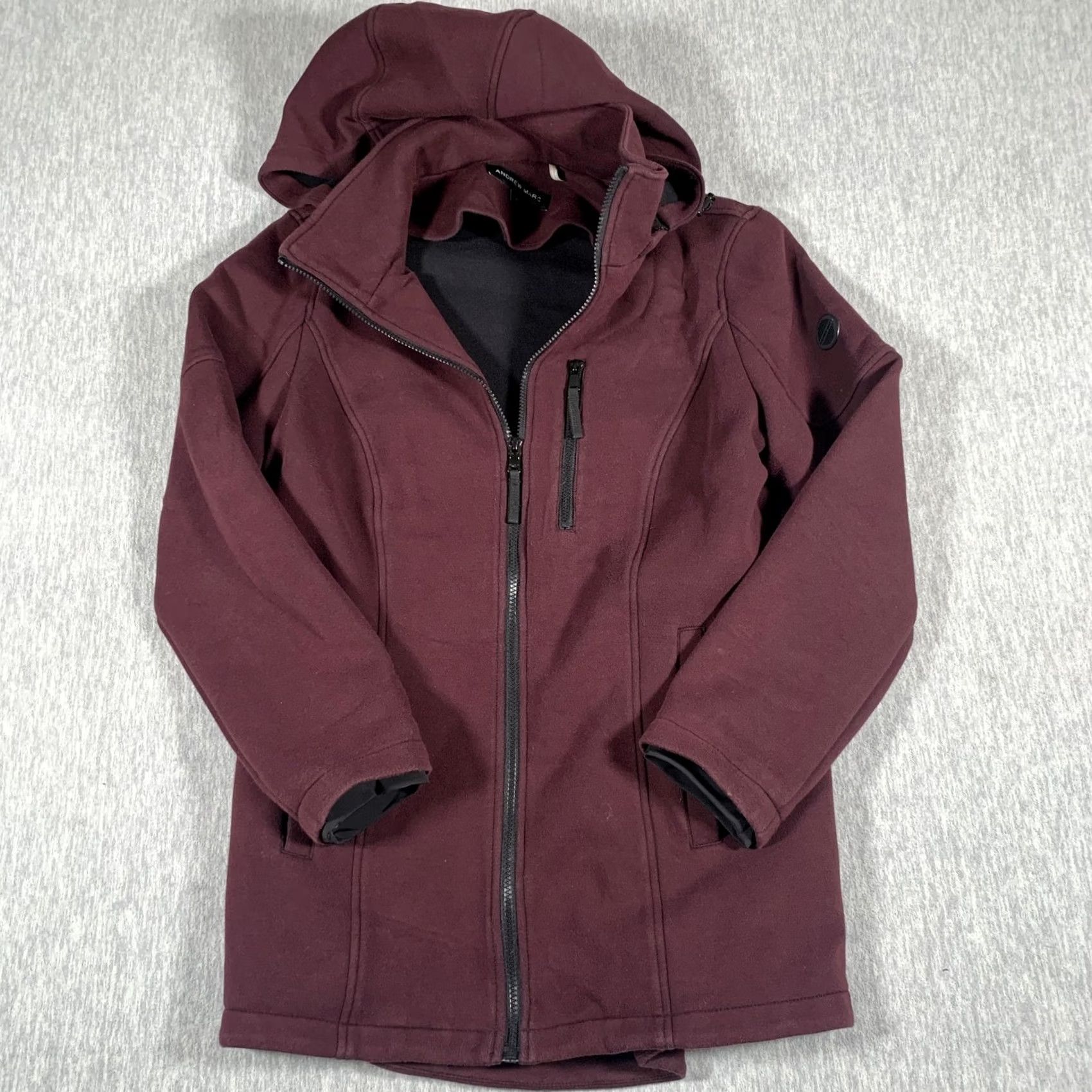 Vintage Andrew Marc Jacket Womens Medium Burgundy Hooded Softshell Full Zip Stretch Coat Size M / US 6-8 / IT 42-44 - 2 Thumbnail