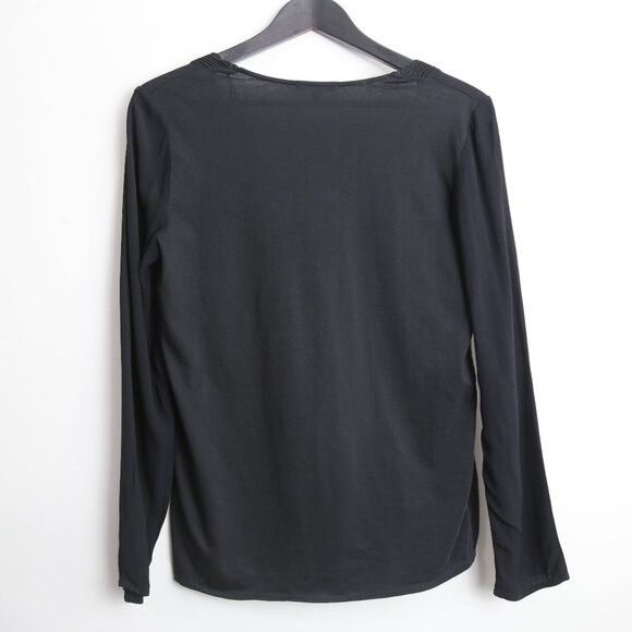 Massimo Dutti Massimo Dutti V-Neck Textured Trim Black Long Sleeve Blouse Size S / US 4 / IT 40 - 4 Thumbnail