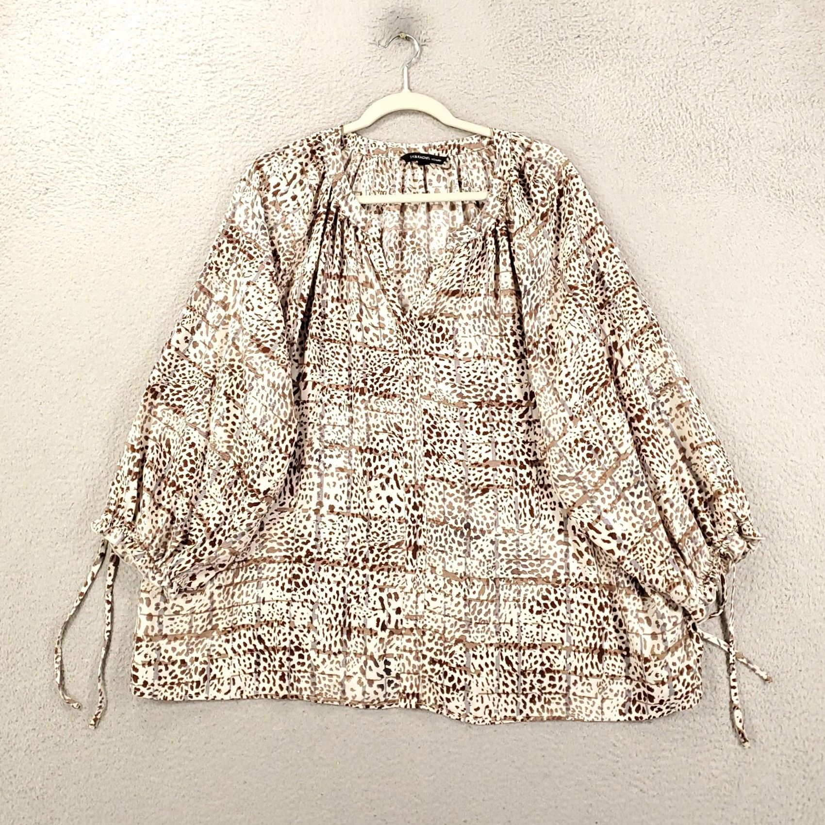 Vintage Zac & Rachel Blouse Womens 2X Brown White Animal Print V Neck Pullover Balloon Sleeve Tunic Bohemian Size XXL / US 16-18 / IT 52-54 - 2 Thumbnail