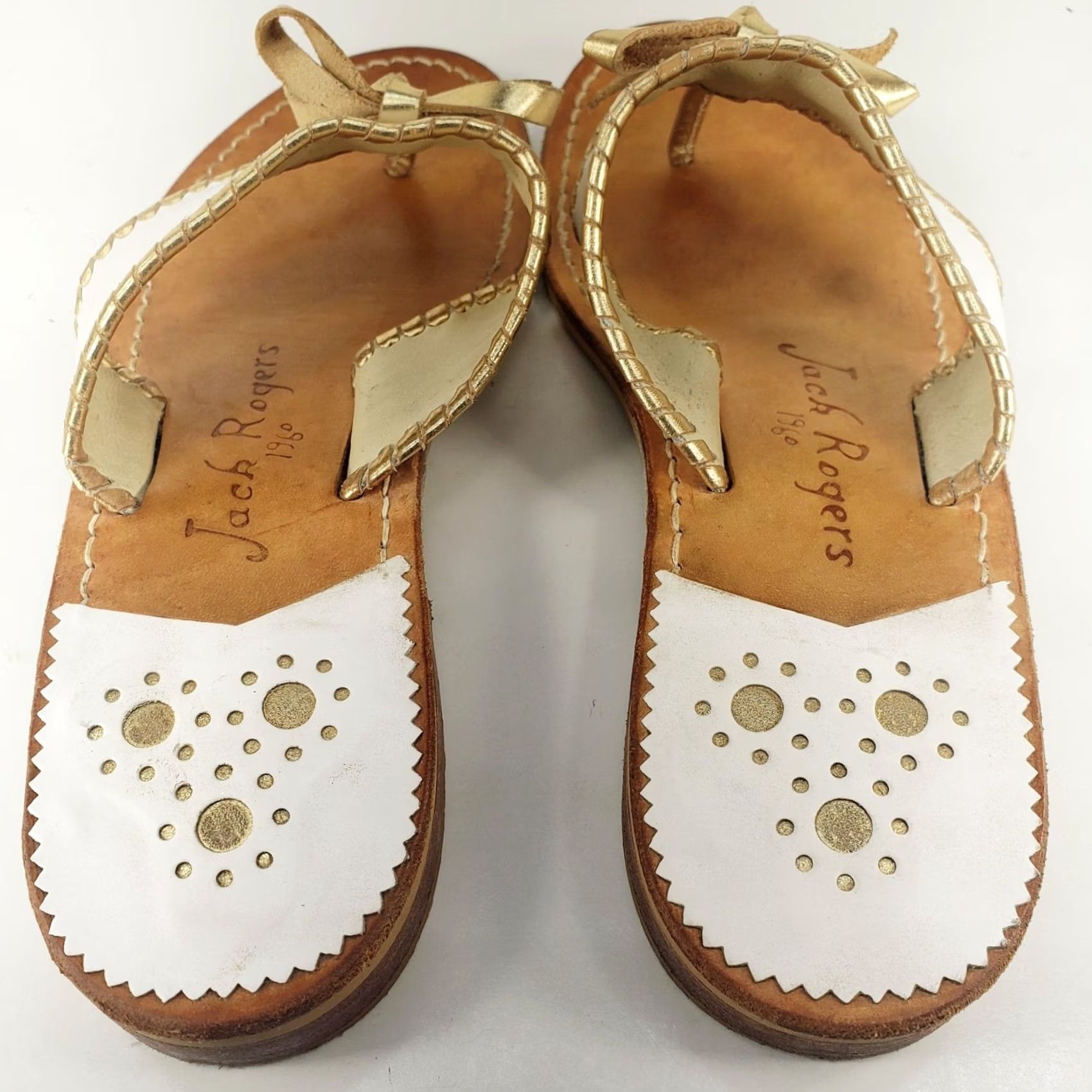 Jack Rogers VINTAGE Jack Rogers Adeline White With Gold Metallic Trim Bow Leather Sandal Womens 8.5-9 Flat Slip On Leather Upper Lining Bow Metal Cottage 90s Size US 8 / IT 38 - 6 Thumbnail