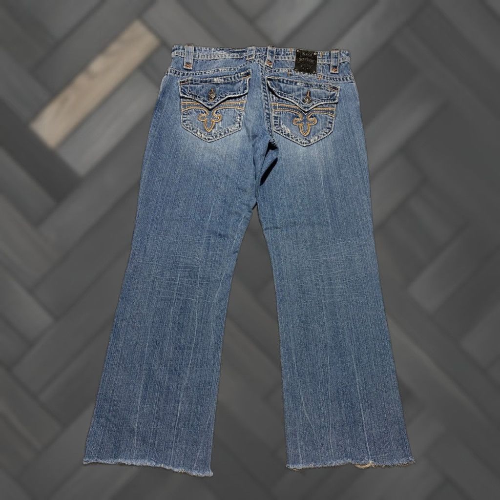 Vintage Rock Revival Jeans Mens 36x30 Distressed Embroidered Denim Cropped Raw Hem Paul Straight Straight Jeans Mens Blue 5-Pocket Design Logo Size US 36 / EU 52 - 1 Thumbnail