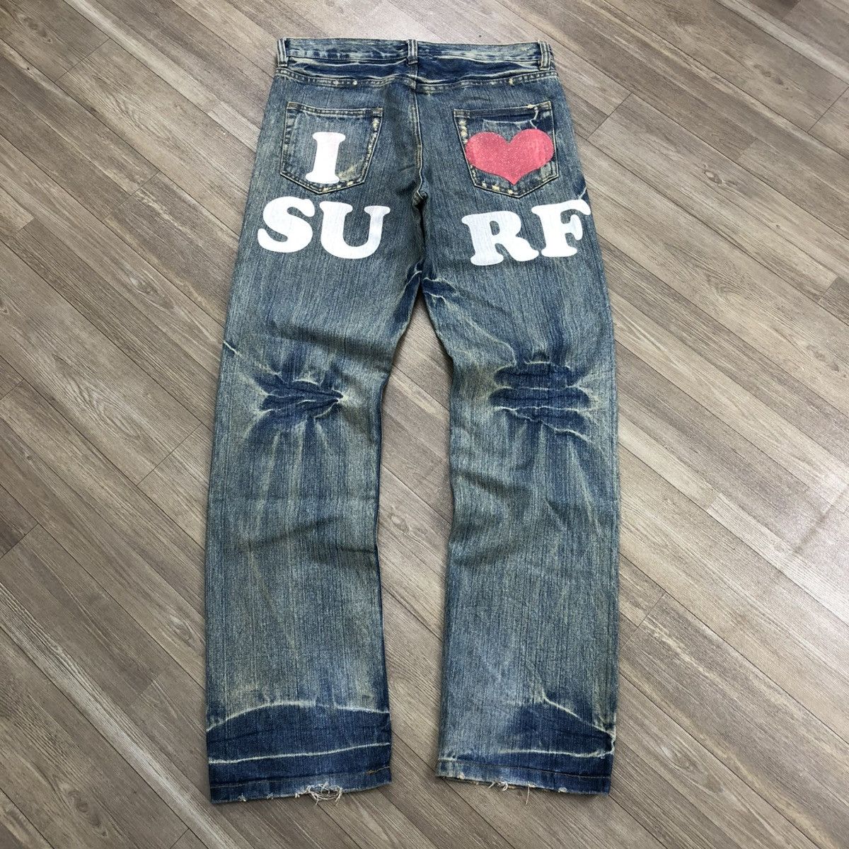 If Six Was Nine × Japanese Brand 2000s Crazy Distressed Point Loma I ❤️ Surf Baggy Jeans LGB Size US 31 - 20 Thumbnail