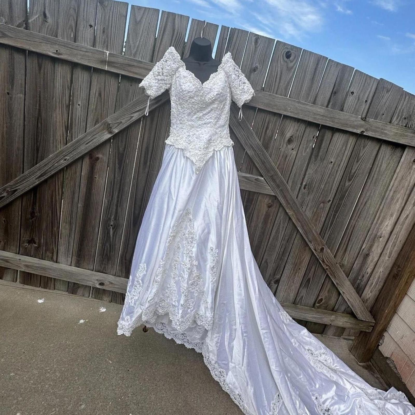 White lace vintage wedding dress with beaded