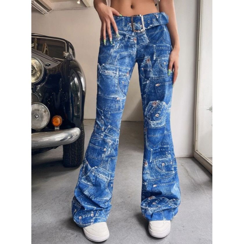 Other Shein Womens Pants Blue Jean Print Ultra Low Rise Flare Half Size 26" / US 2 / IT 38 - 8 Thumbnail