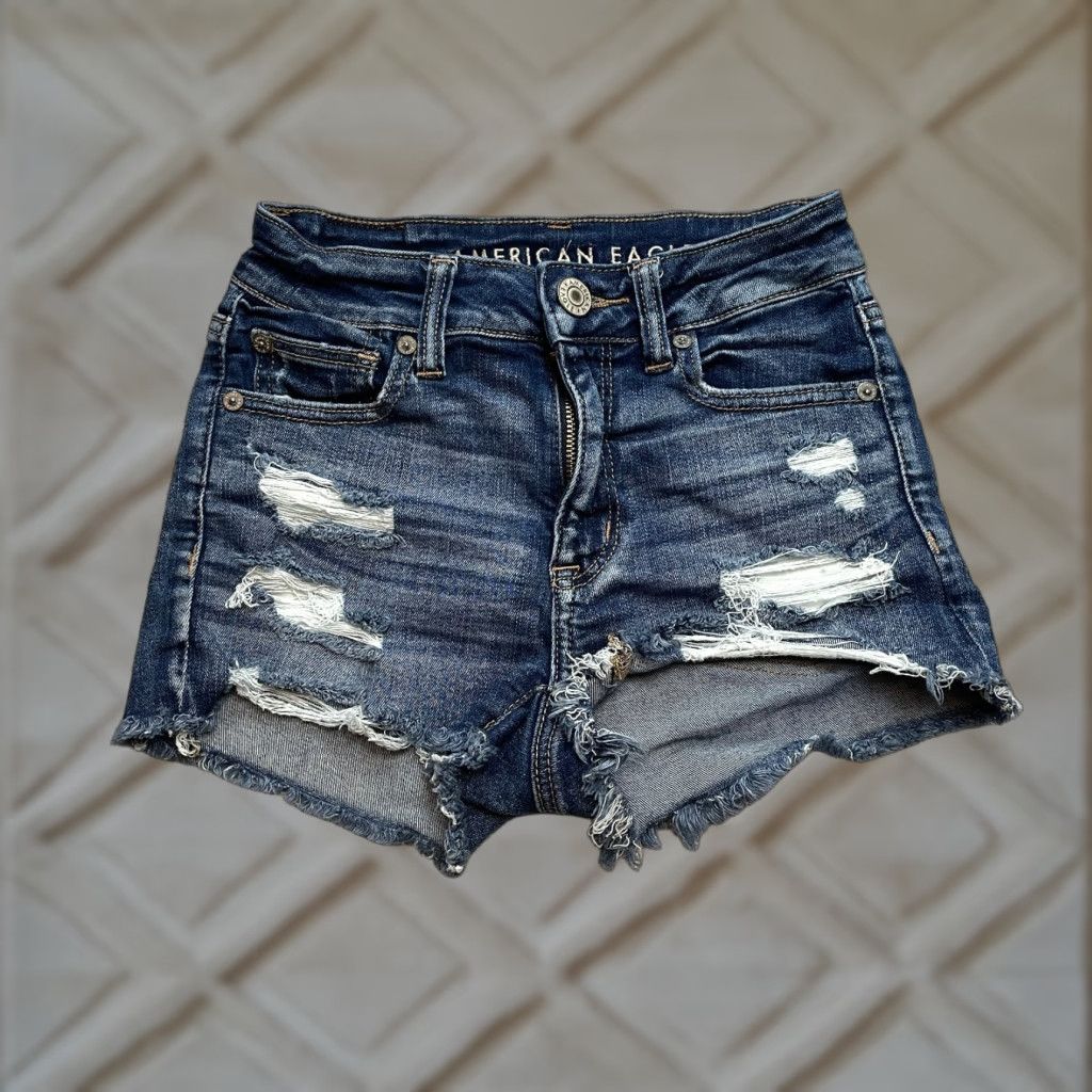 American Eagle Outfitters American Eagle Outfitters Next Level Stretch Denim Shorts Womens 00 Blue Distressed Dark Stretch 5-Pocket Denim Zip Front High Rise Casual Summer Size 24" / US 00 / IT 34 - 1 Thumbnail