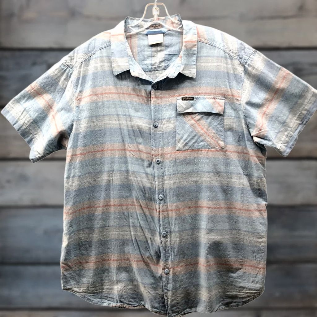 Vintage Columbia Shirt Mens XL Blue Striped Short Sleeve Button-Up Collared Pocket Breathable Cotton Hiking Summer Size US XL / EU 56 / 4 - 1 Thumbnail
