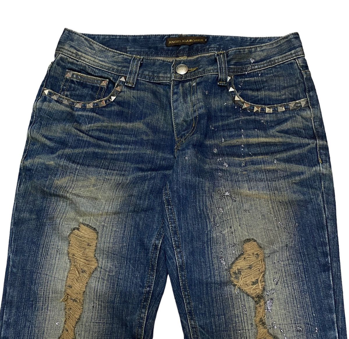 Le Grande Bleu (L.G.B.) Rare Design Vintage Angelica Roses Flared Waxed Jeans 2000s Size US 31 - 3 Thumbnail
