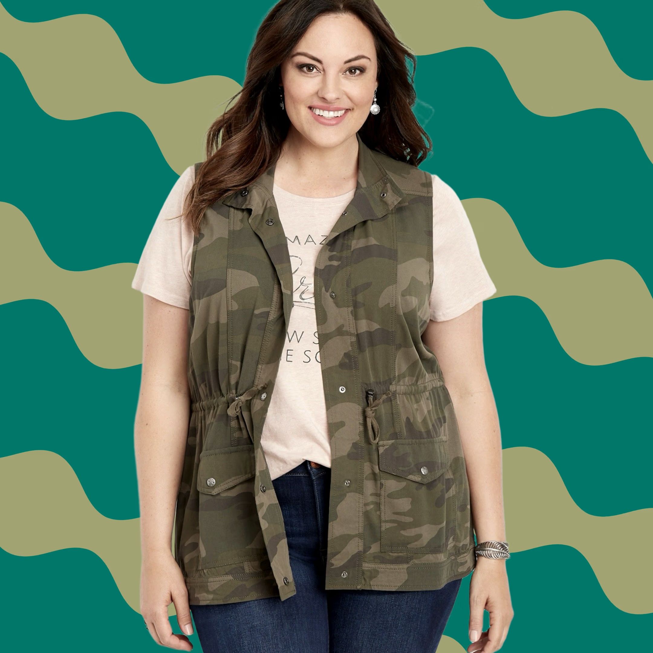 Vintage Maurices Women Green Camo Cinched Snap Front Sleeveless Drape Vest Plus Size 3X 3XL Size XXL / US 16-18 / IT 52-54 - 1 Thumbnail