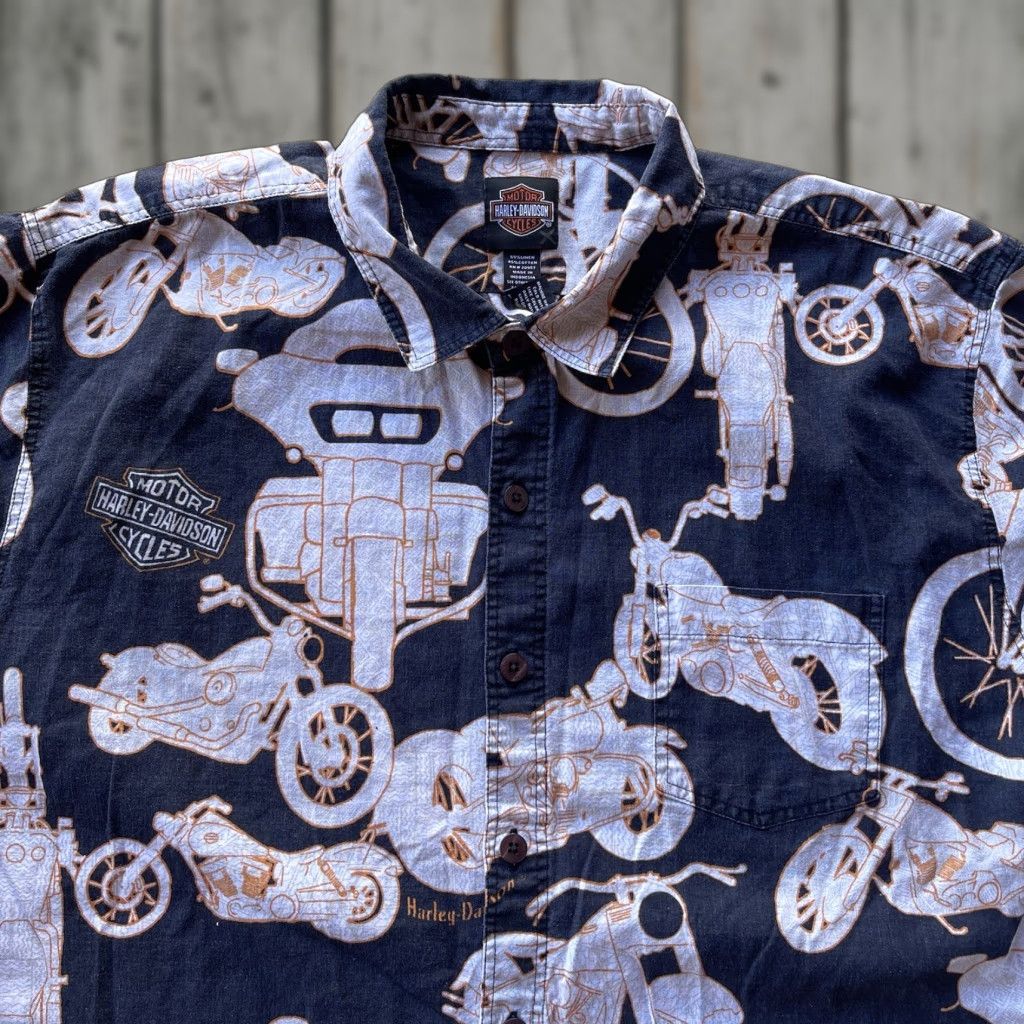 Harley-Davidson Shirt Mens 2XL Black Button-Up Biker Motorcycle Graphic Print Short Sleeve Casual Hawaiian 90s Mens