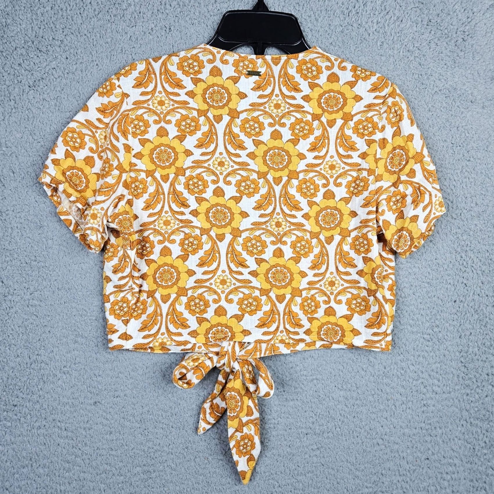 Vintage Ghanda Co. Women's Yellow Floral Printed Cropped Tie Front Shirt S Linen Viscose Blouse Short Sleeve Cropped Tie Front Knitted? Size S / US 4 / IT 40 - 4 Thumbnail