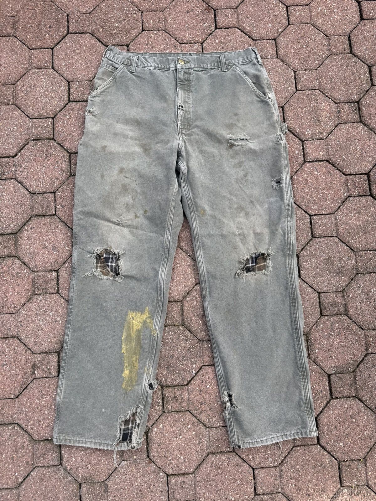 Vintage Carhartt Flannel Ripped Carpenter Jeans Olive Jeans