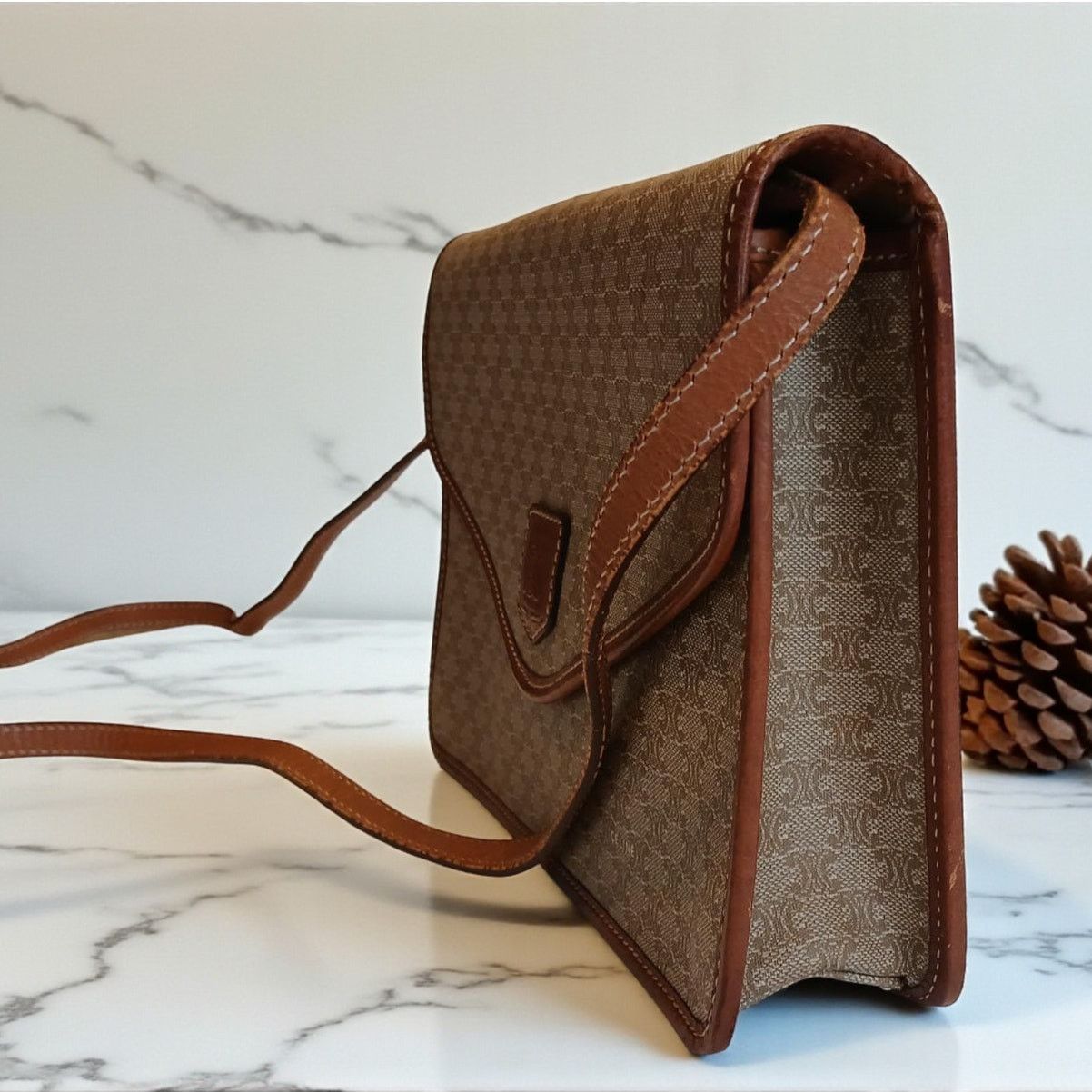 Celine Authentic Celine Triomphe Logo Macadam Beige Crossbody Bag Size ONE SIZE - 4 Thumbnail