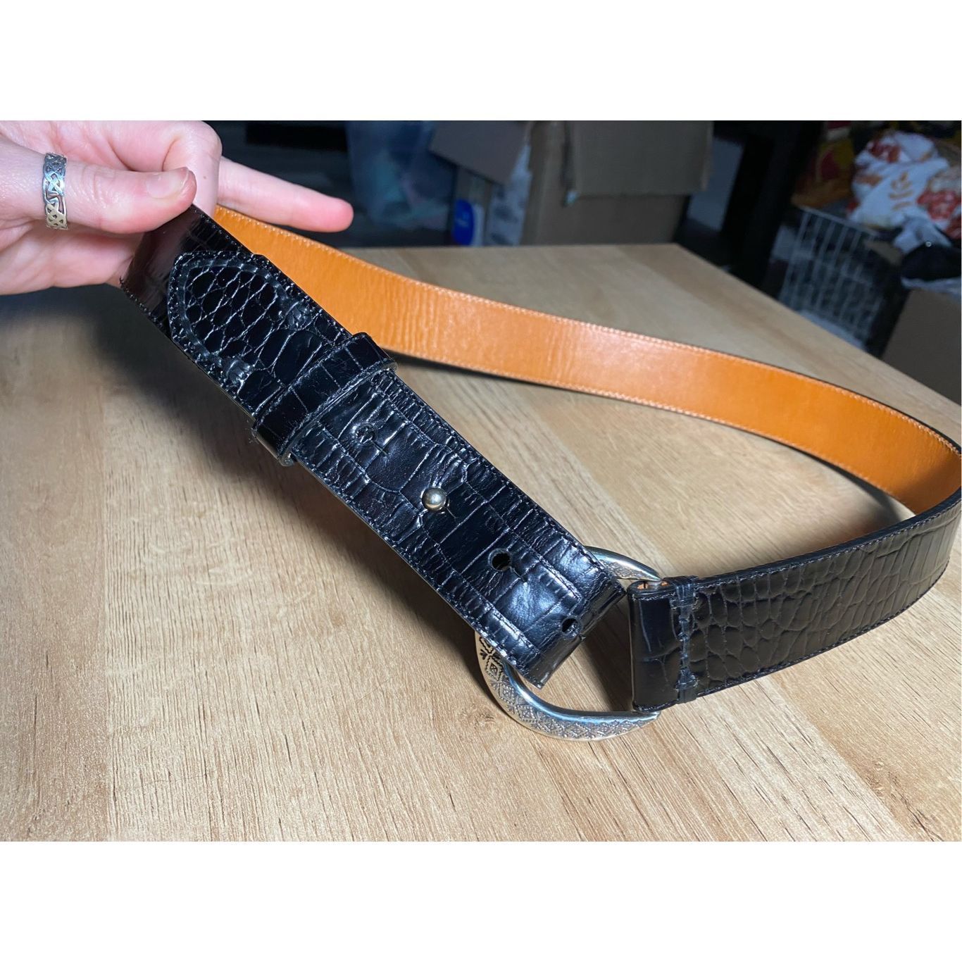Other Belt - Black Leather-feel Silver Buckle Belt Size ONE SIZE - 1 Thumbnail