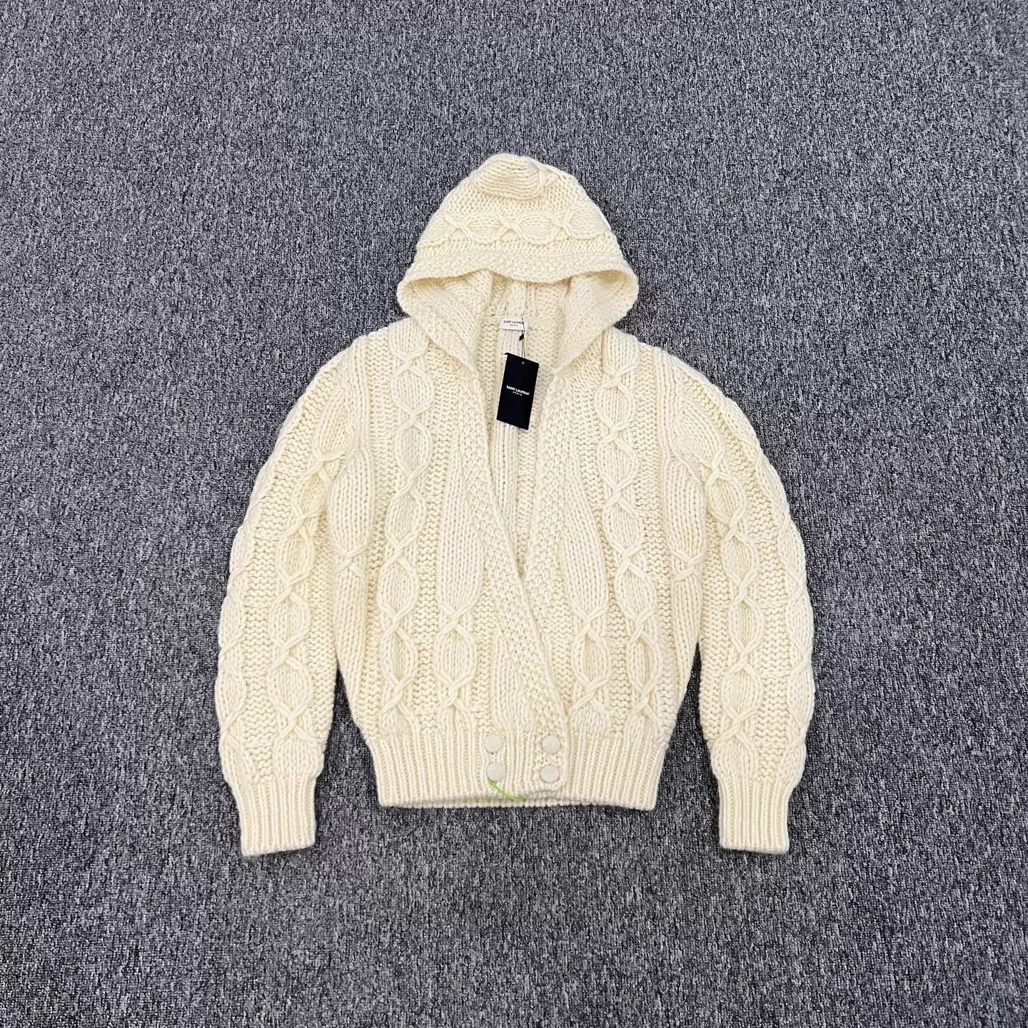 Yves Saint Laurent YSL Ivory Chunky Cable Knit Hooded Cardigan S NWT Size S / US 4 / IT 40 - 1 Thumbnail
