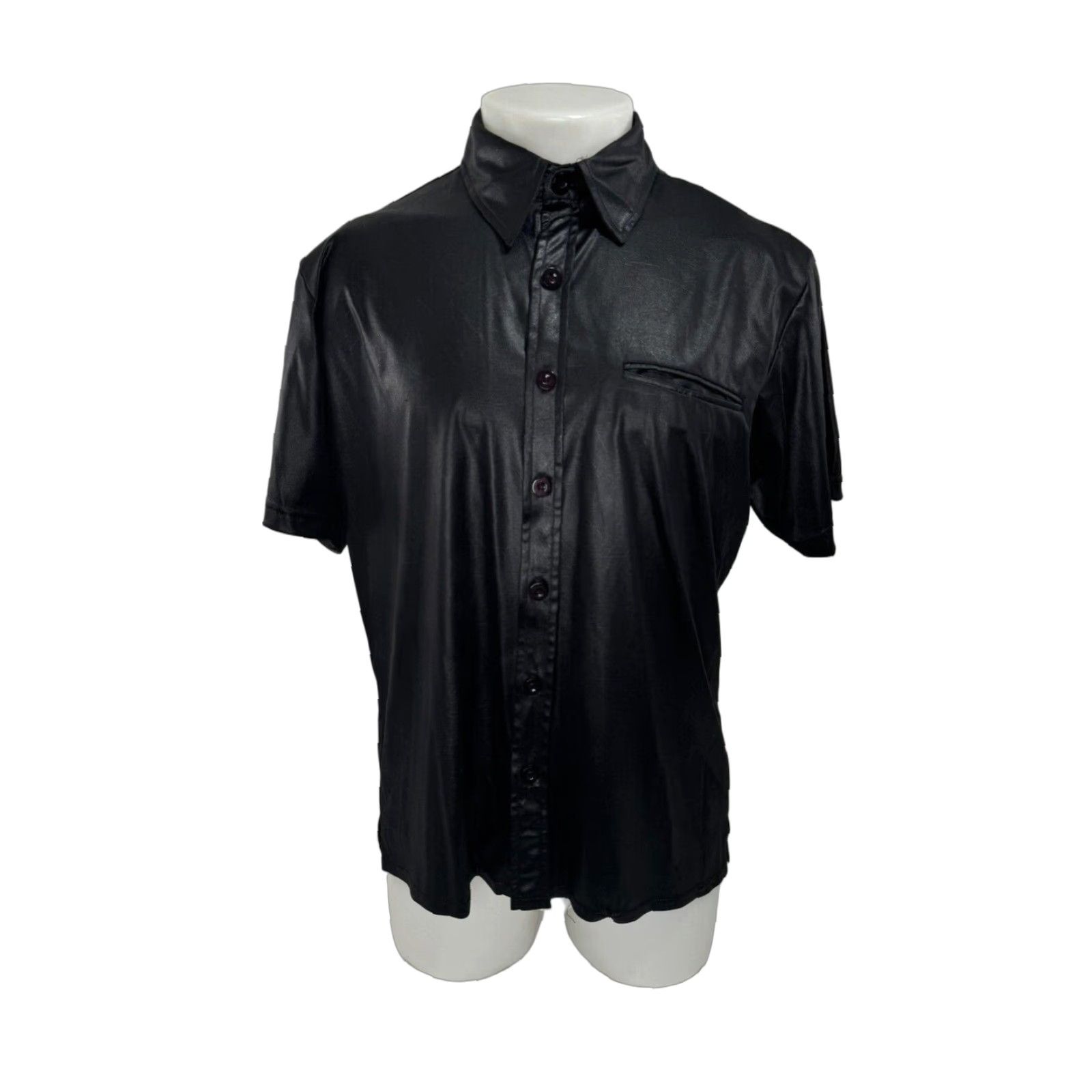 Vintage POSITANO - "LEATHER LOOK" Shiny Mens M/L Clubbing Shirt - EXCELLENT Leather Black Short Sleeve Button-Up 90s Mens C13 Size US L / EU 52-54 / 3 - 1 Thumbnail