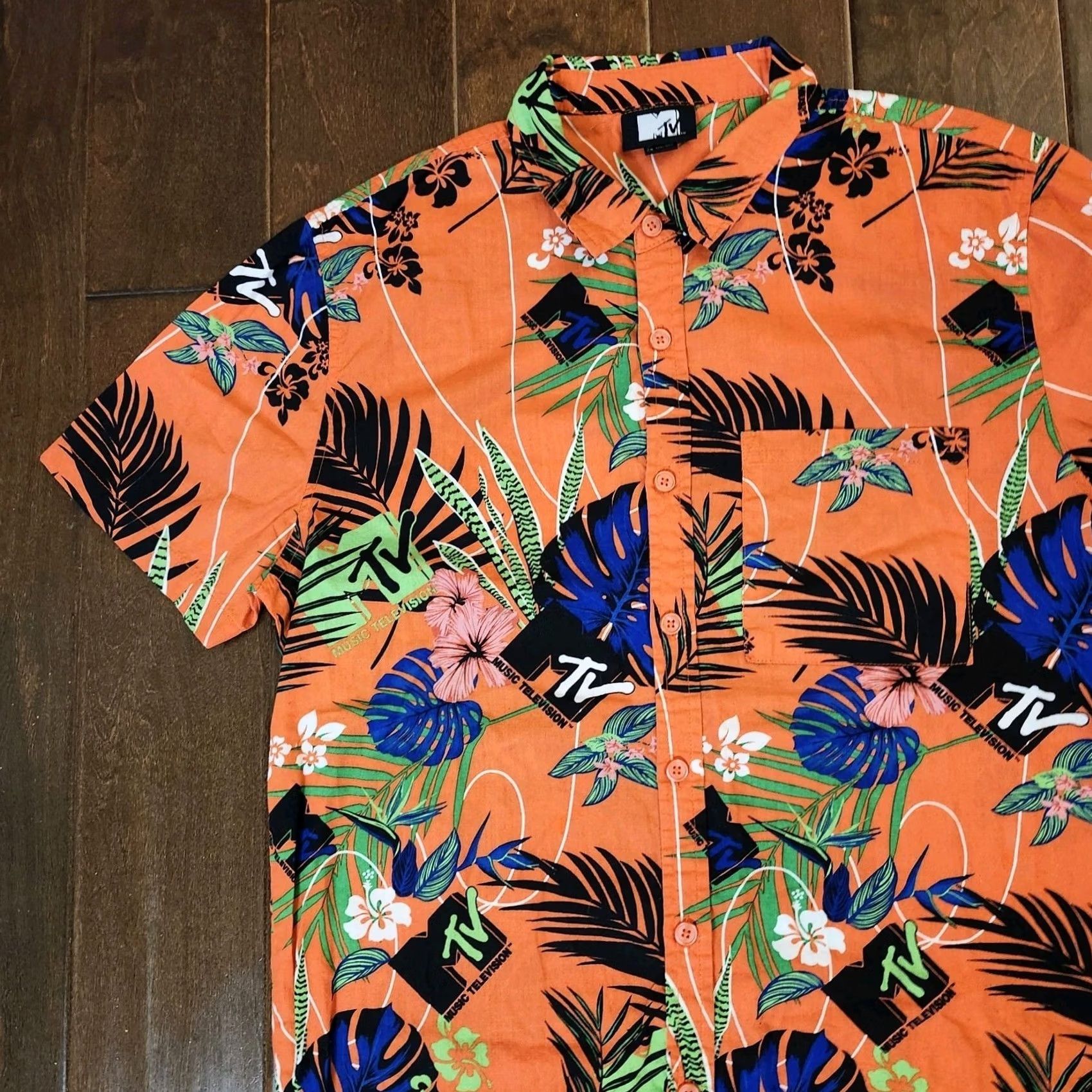 Logo 7 MTV Hawaiian Shirt Adult Large Orange Floral Logo Button Up Short Sleeve Mens Size US L / EU 52-54 / 3 - 4 Thumbnail