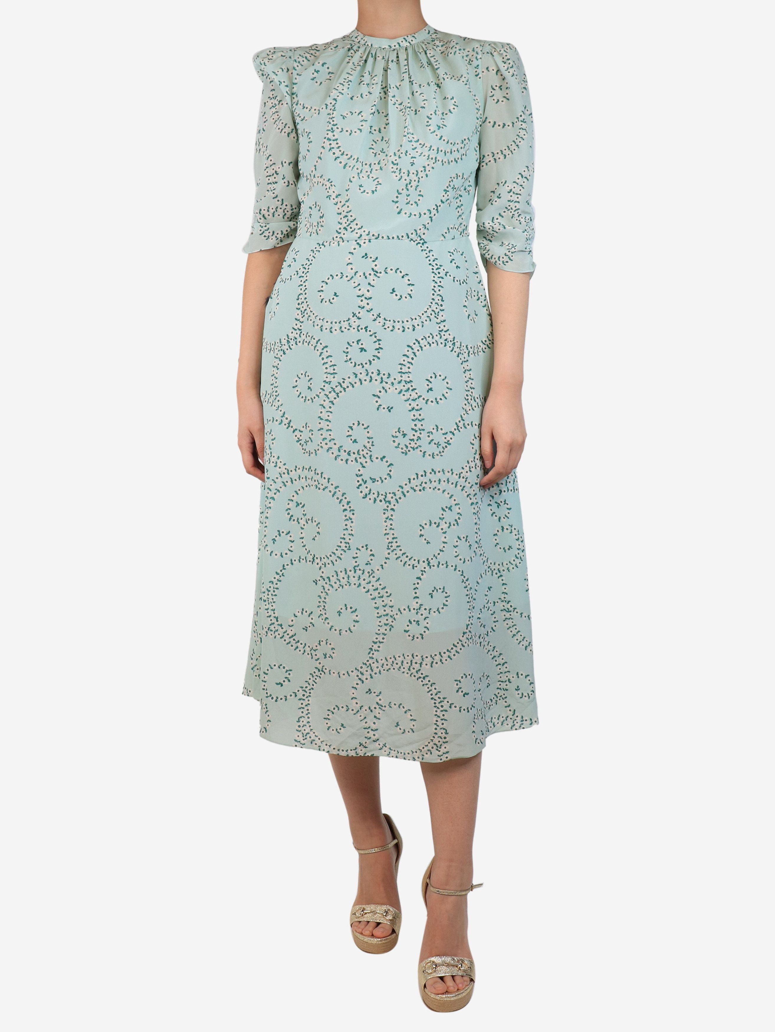Pale green floral printed midi dress - size UK 10