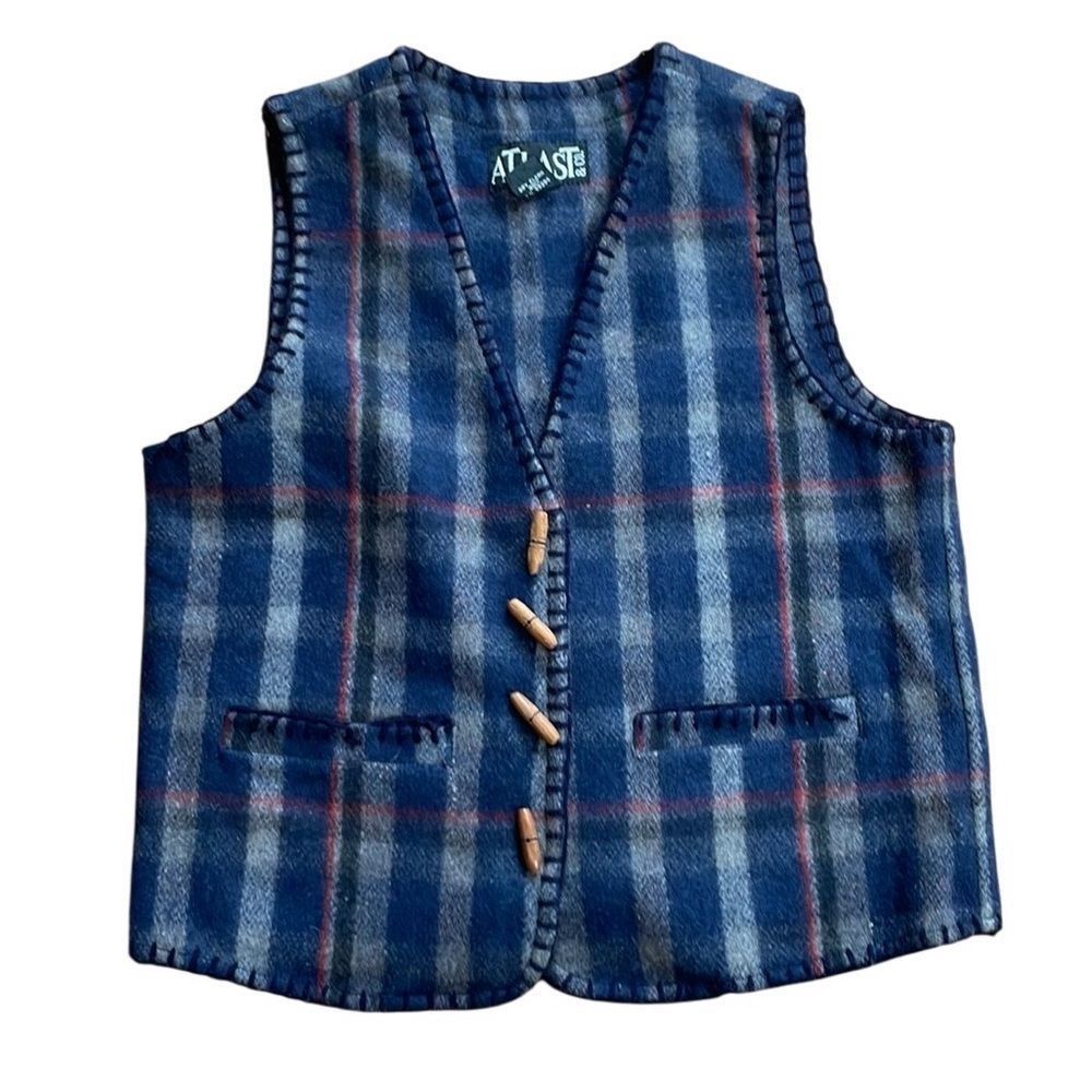 90s Y2K Vintage Wool Plaid Whipstitch Vest At Last Co Medium