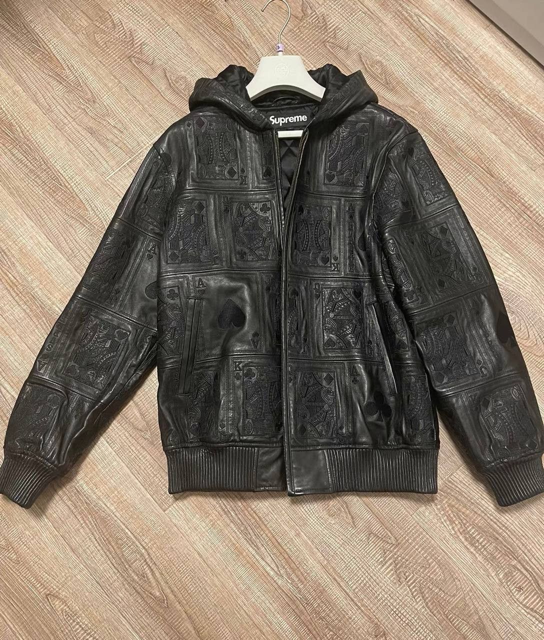 【極美品】Supreme Court Cards Leather Jacket Supreme Supreme Court Cards Hooded Leather Jacket Size M NWT | Grailed