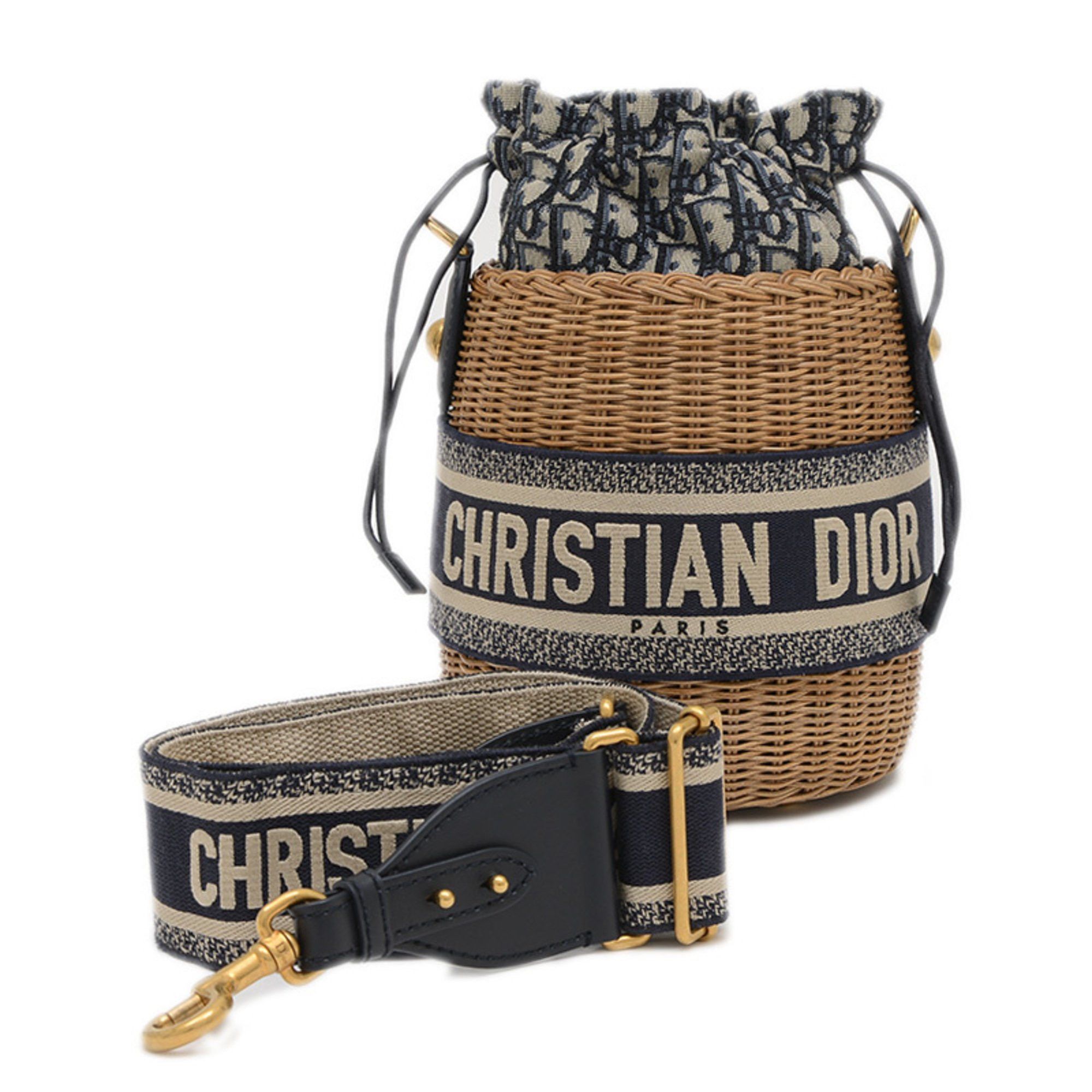Christian Dior Dior Oblique Wicker Shoulder Bag Rattan Canvas Navy M7600Cmvo in Beige, Women's
