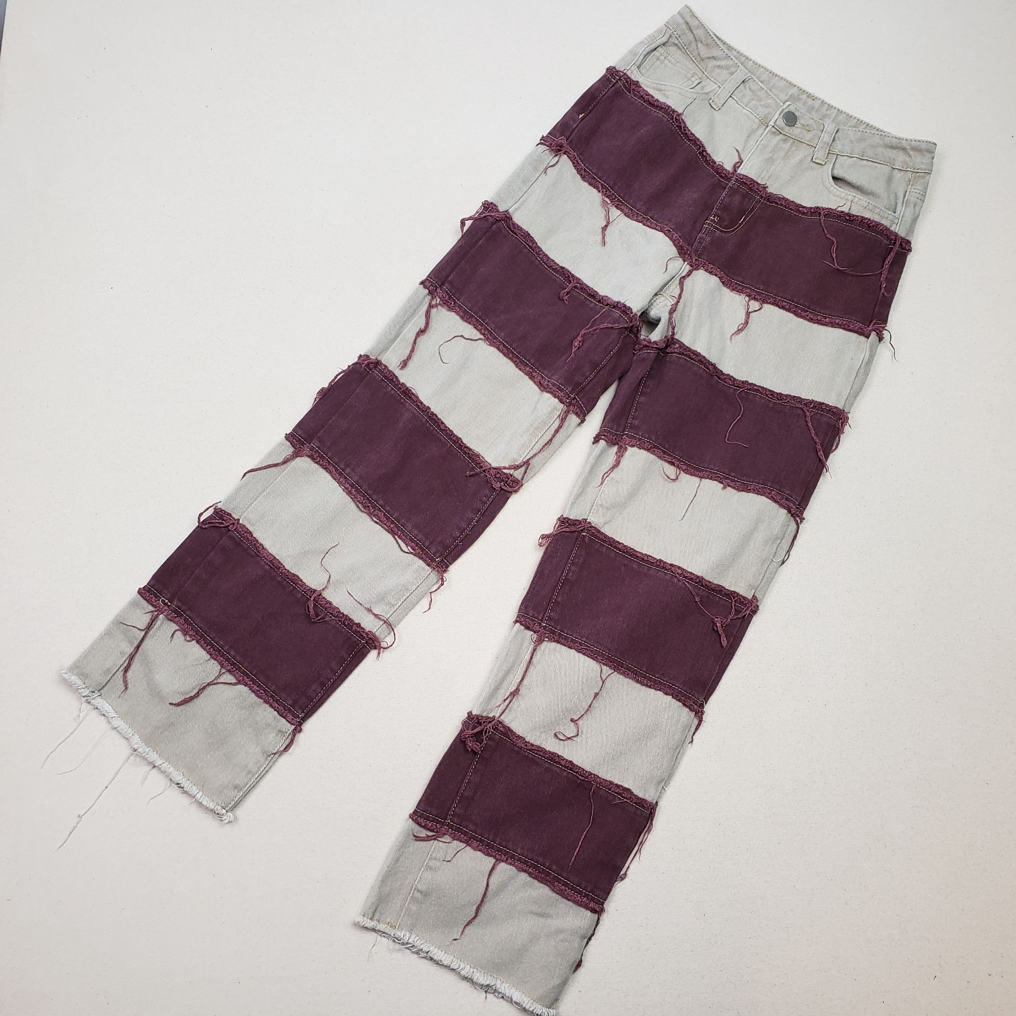 Shein Shein 2-Tone Patchwork Denim Maroon/Bone Straight Leg Jeans Size 22" - 1 Thumbnail