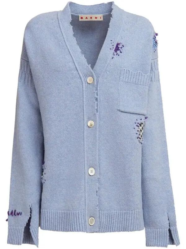 Marni o1w1db11125 Distressed Virgin-Wool Cardigan in Blue Size S / US 4 / IT 40 - 1 Thumbnail