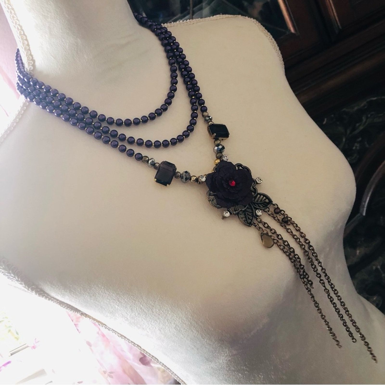Jewelry Handcrafted repurpose glass Pearl genuine ruby necklac Size ONE SIZE - 4 Thumbnail