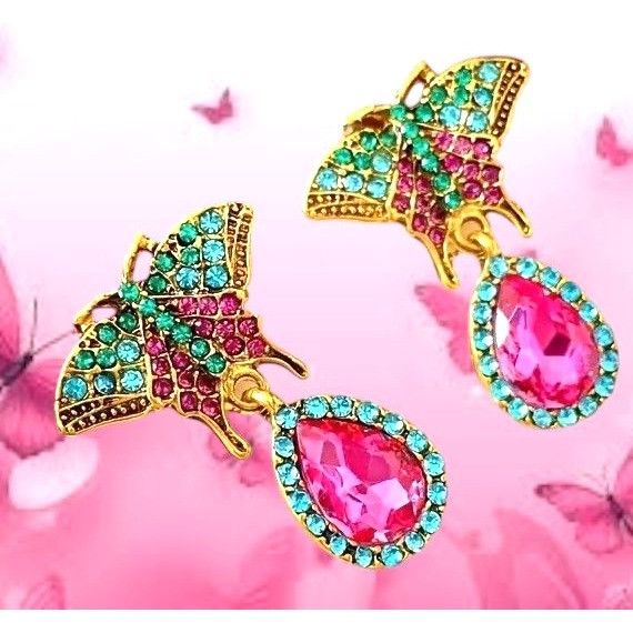 Handmade Butterfly Earrings Rhinestones Drop Dangle Crystal Accents A Size ONE SIZE - 7 Thumbnail