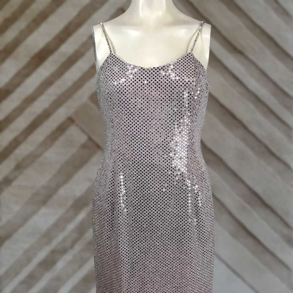Vintage VINTAGE Scott McClintock Sequin Maxi Dress Rhinestone Straps Sz 6P Petite Silver Eveningwear 1990s Womens Size M / US 6-8 / IT 42-44 - 1 Thumbnail