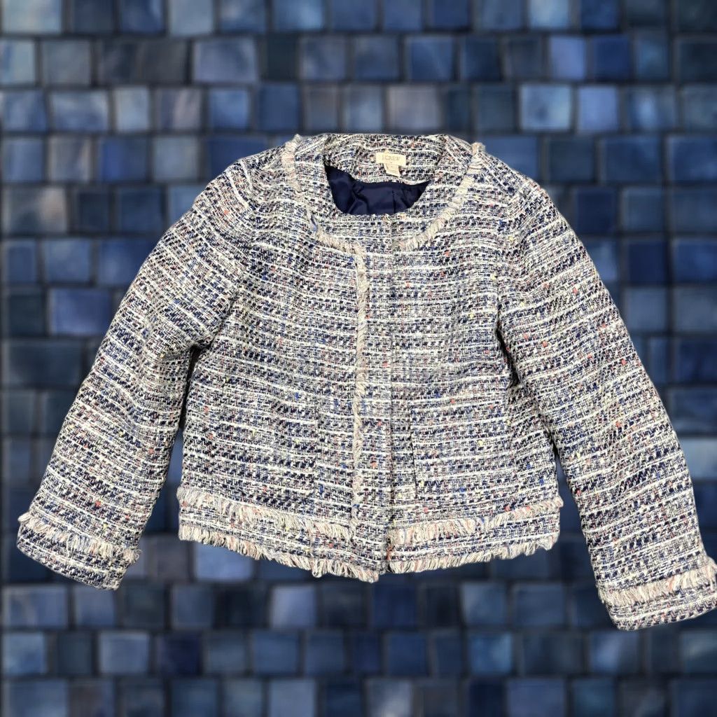 J.Crew J.CREW Jacket Womens 6 Blue Tweed Collarless Fringe Zip Pockets Short Lined Shirt Women Vintage: No Size 28" / US 6 / IT 42 - 1 Thumbnail