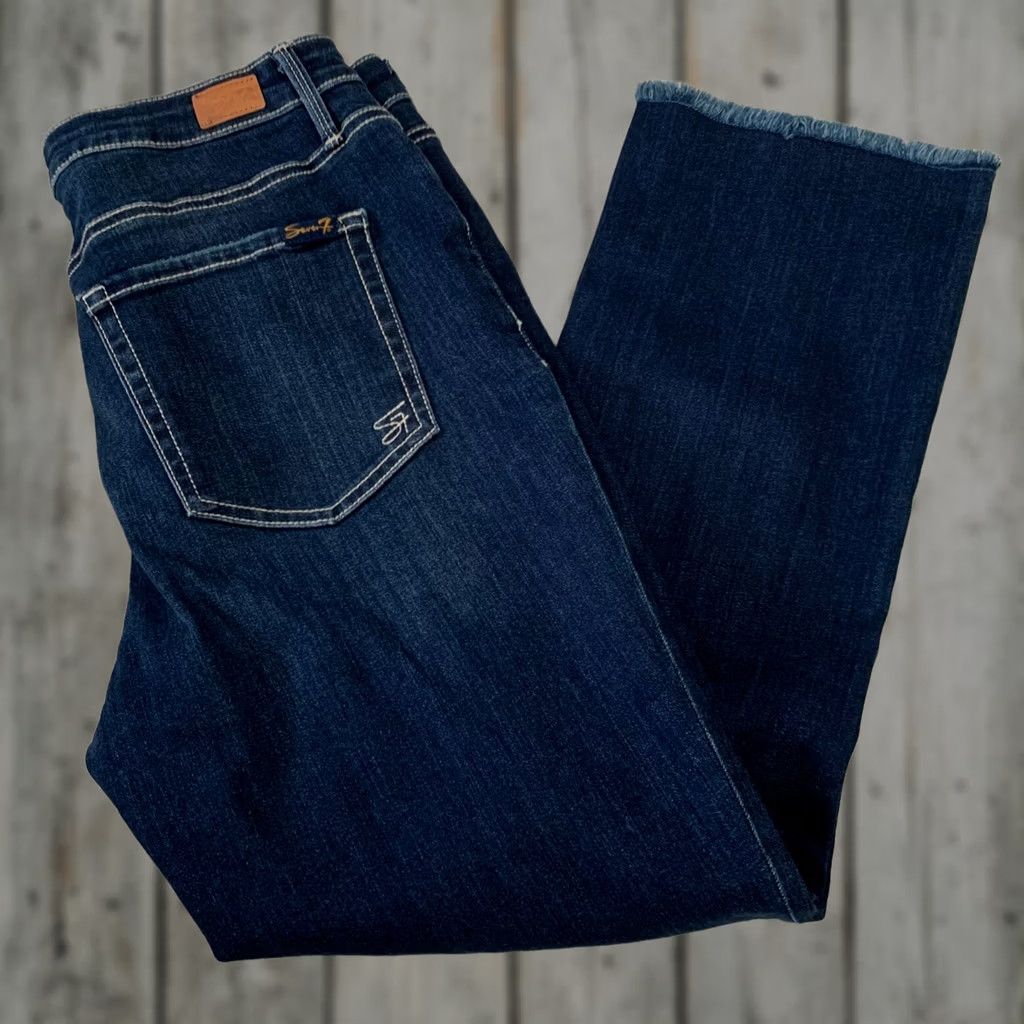 Vintage Seven7 Jeans crop Raw Hem Dark Wash Blue Denim Stretch Womens Sz 10 Fashion Jean Size 32" / US 10 / IT 46 - 1 Thumbnail