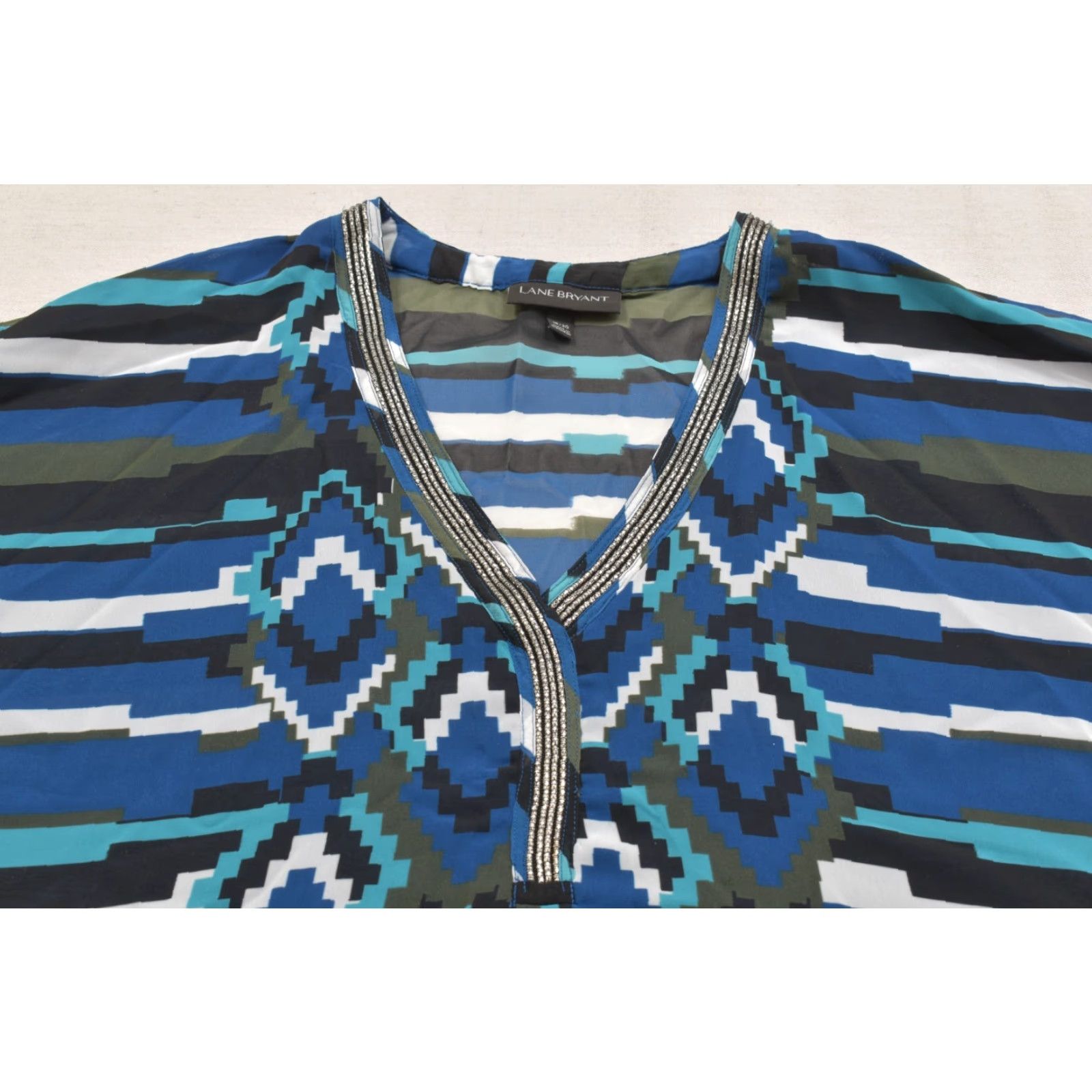 Vintage Lane Bryant Top Womens 18/20 Blue Geometric Striped V-Neck Beaded Trim Dolman Shirt Size XXL / US 16-18 / IT 52-54 - 6 Thumbnail