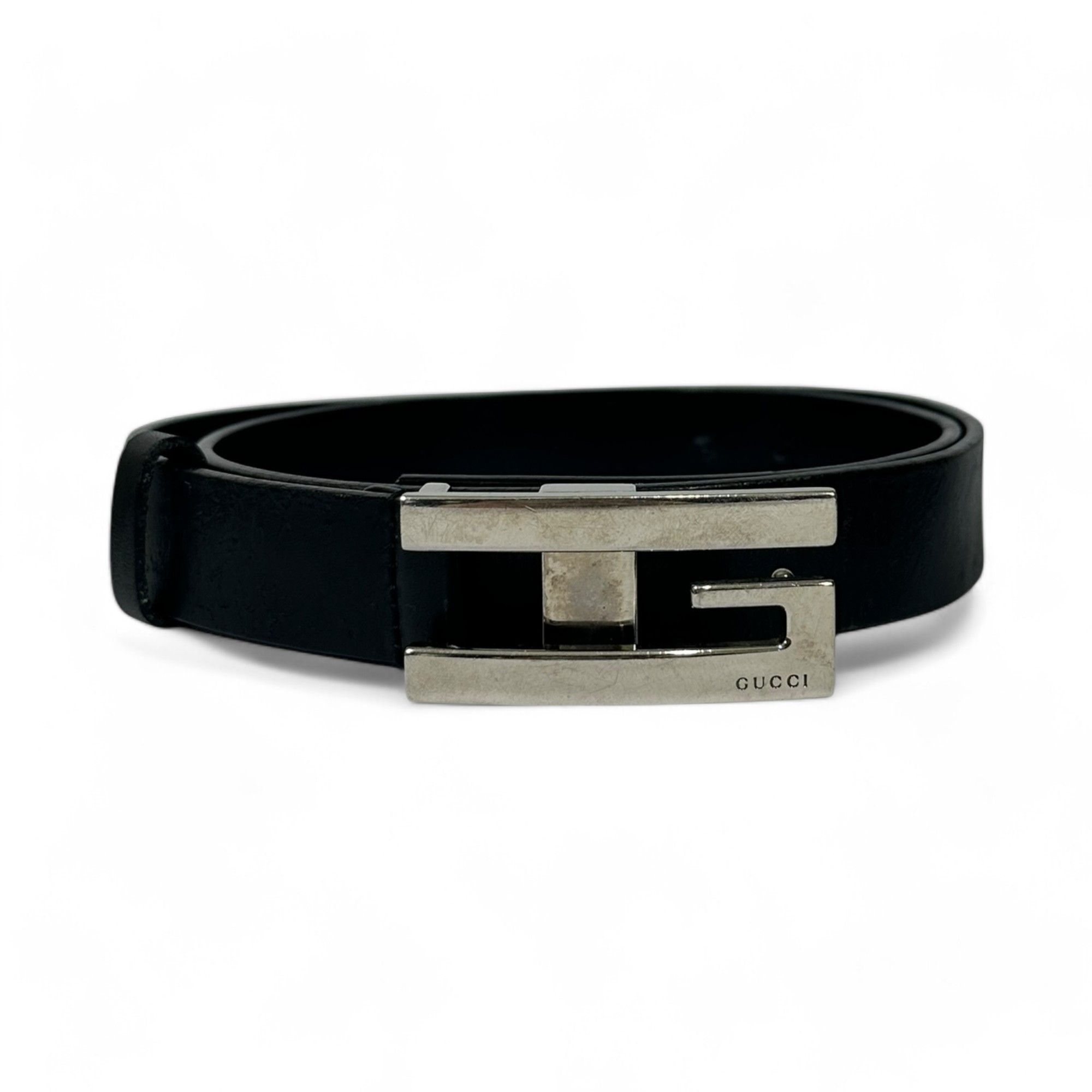 GUCCI black leather belt with silver rectangle buckle small Gucci Signature GG-Logo Black Leather Belt / Silver Buckle  main image 4