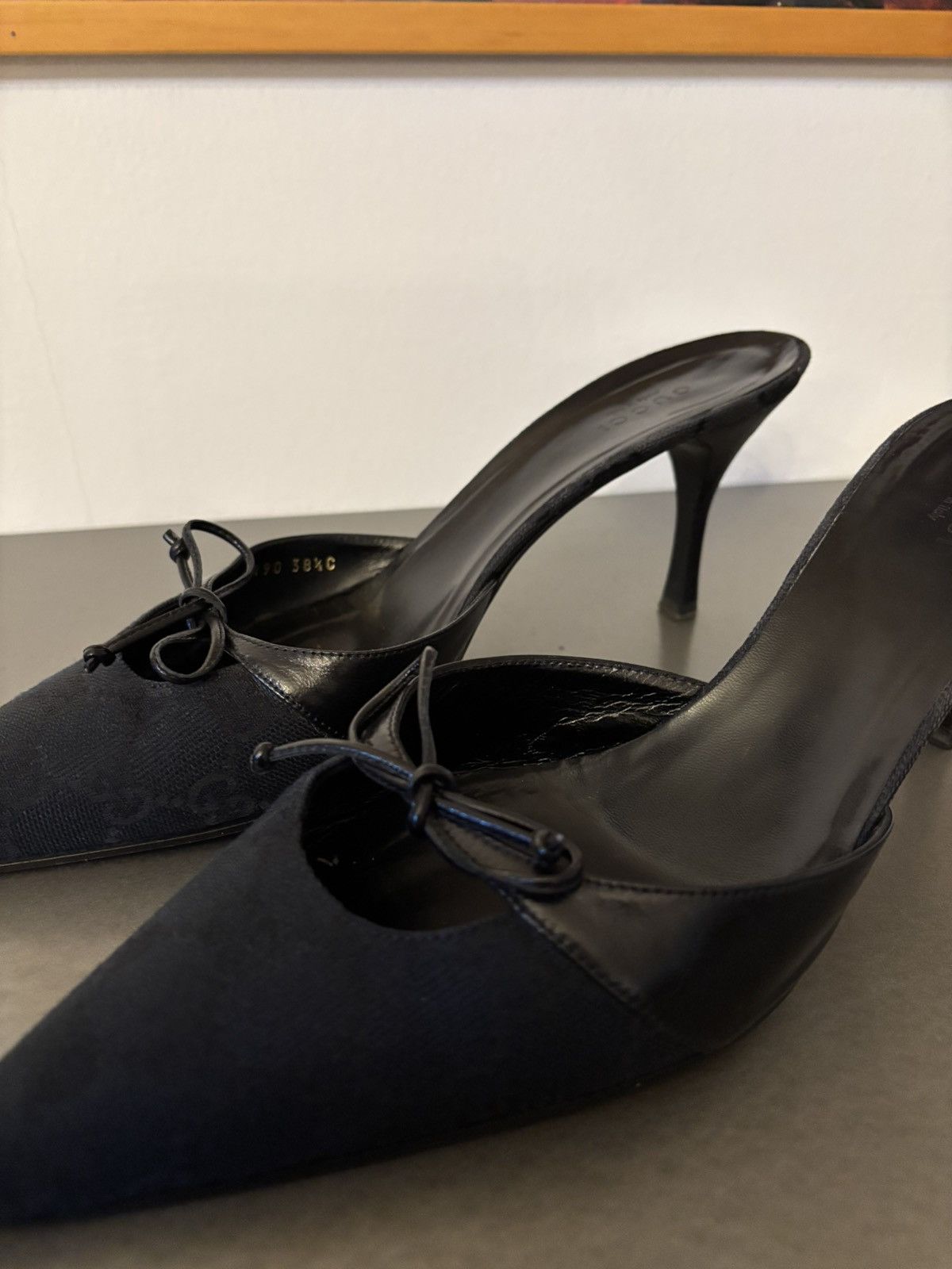 Gucci Black monogram mules grommet accents decorative leather bow Size US 8.5 / IT 38.5 - 6 Thumbnail