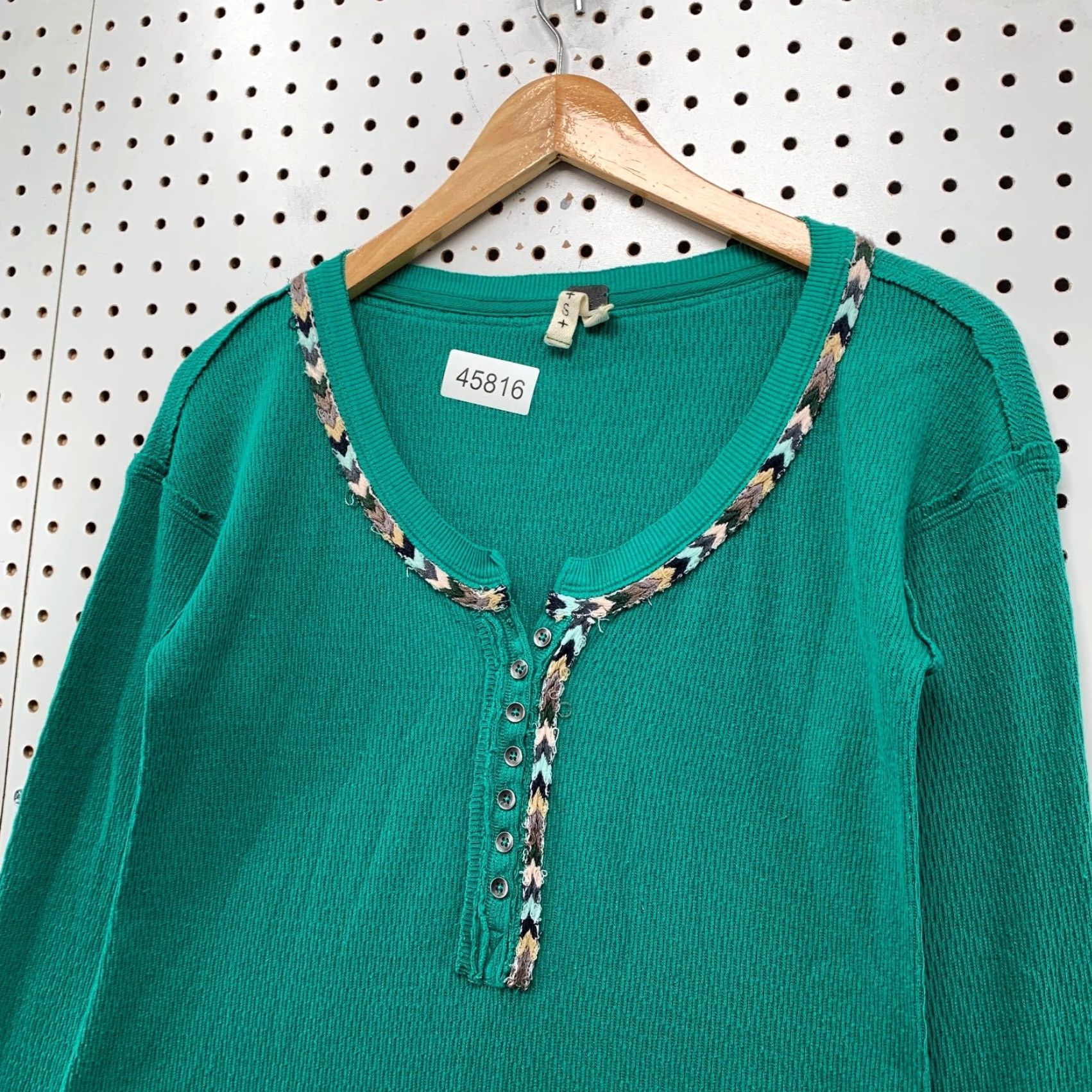 Free People Free People We The Free Henley Thermal Top Womens Small Green Knit Embroidered Boho Shirt Size S / US 4 / IT 40 - 3 Thumbnail