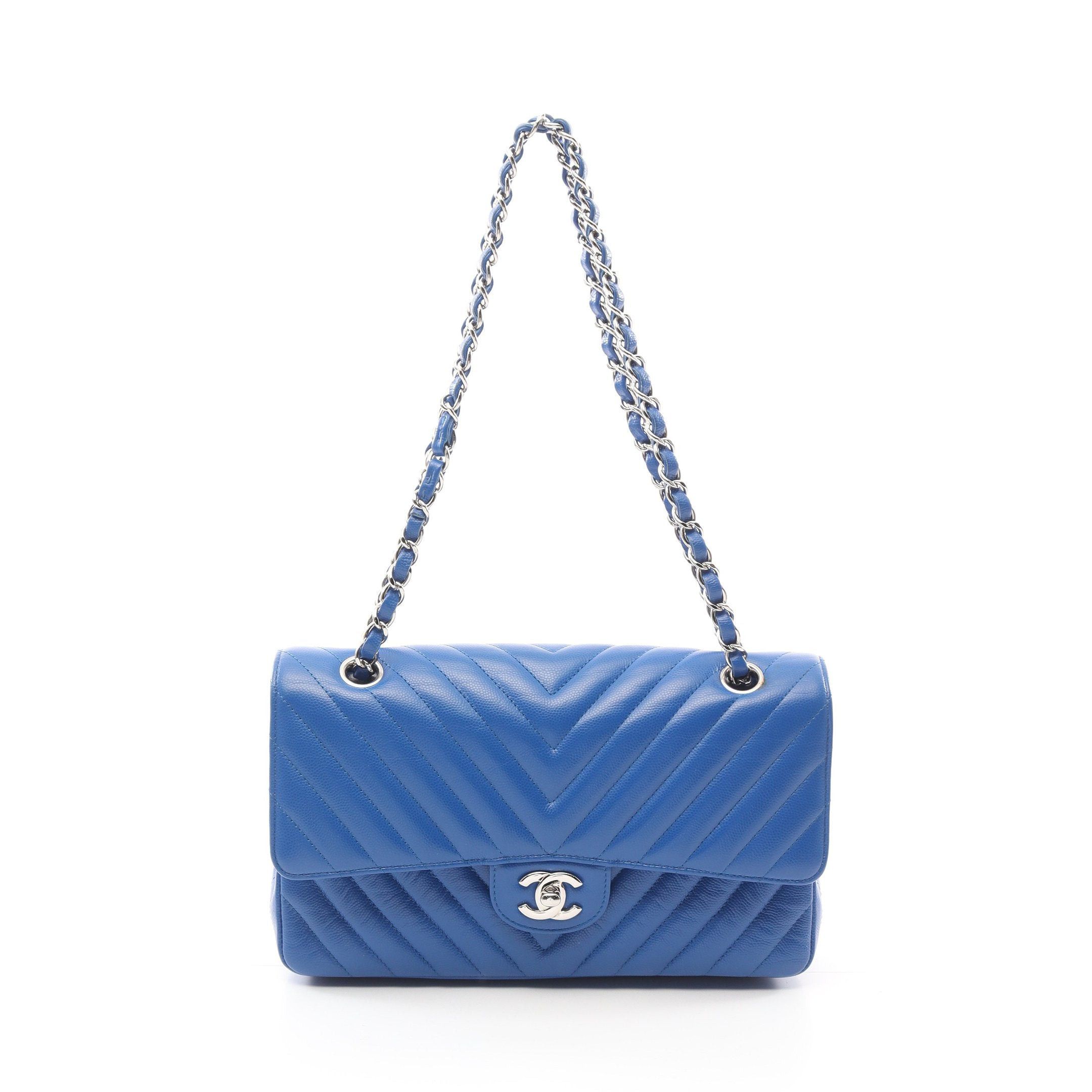 Chanel Chanel Chevron V-Stitch Double Flap Chain Shoulder Bag Caviar Skin Blue Silver Hardware Size ONE SIZE - 1 Thumbnail