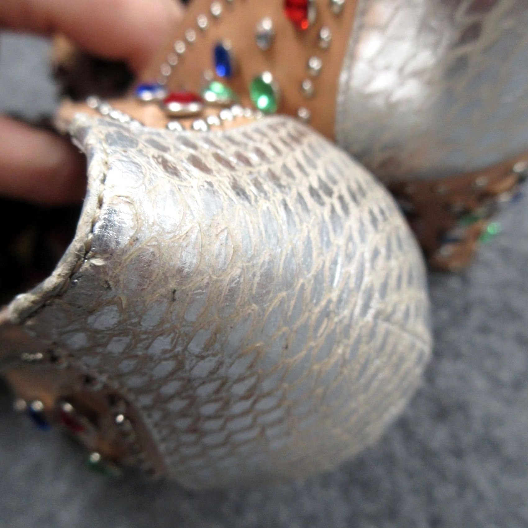 Vintage Miss L'Fire Showgirl Sandal Womens 9 Beige Leather Studded Rhinestone Slip-On Block Heel Shoes 40 Size US 9 / IT 39 - 4 Thumbnail