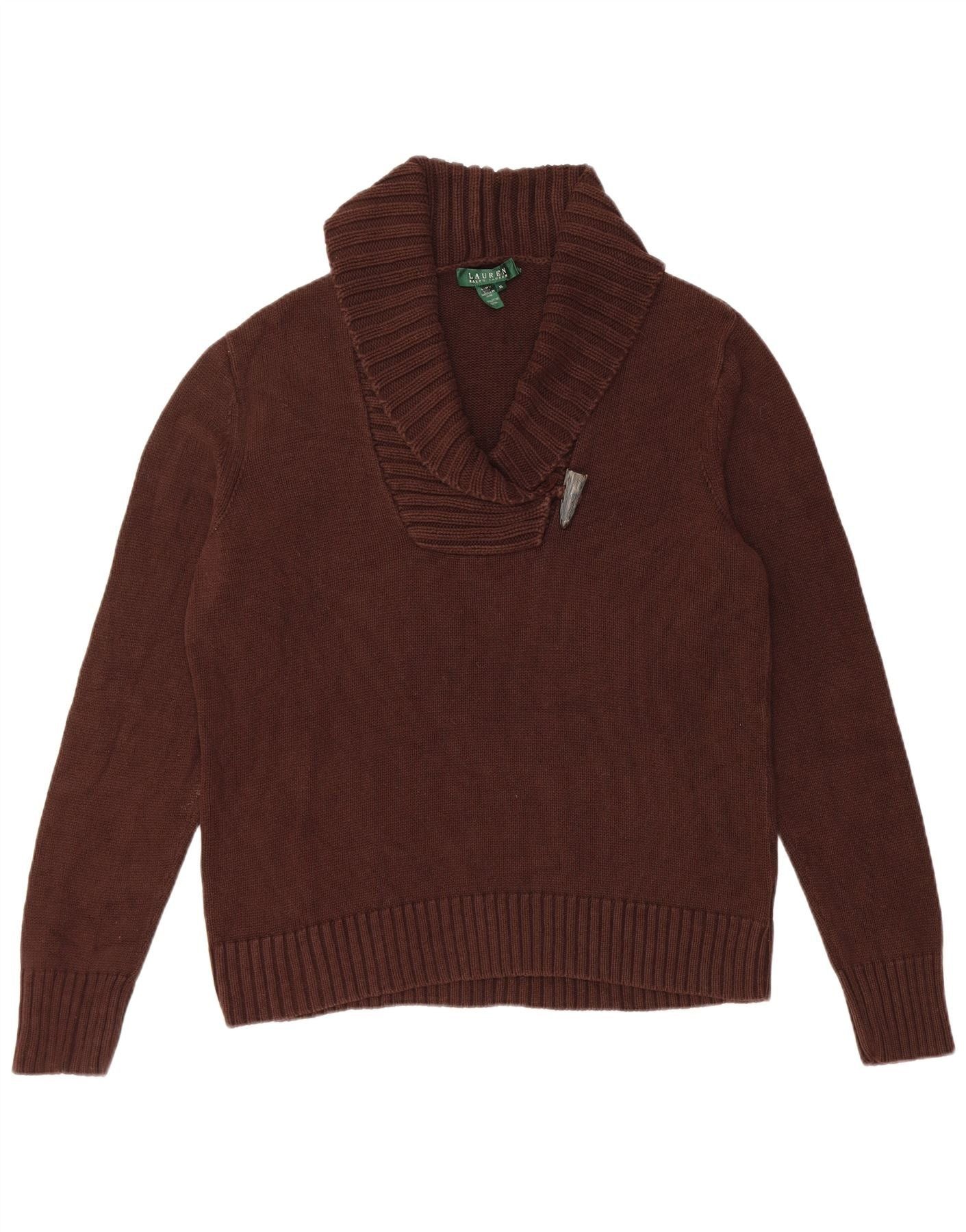 Ralph Lauren Womens Shawl Neck Jumper Sweater UK 18 XL Brown Cotton Size M / US 6-8 / IT 42-44 - 1 Thumbnail