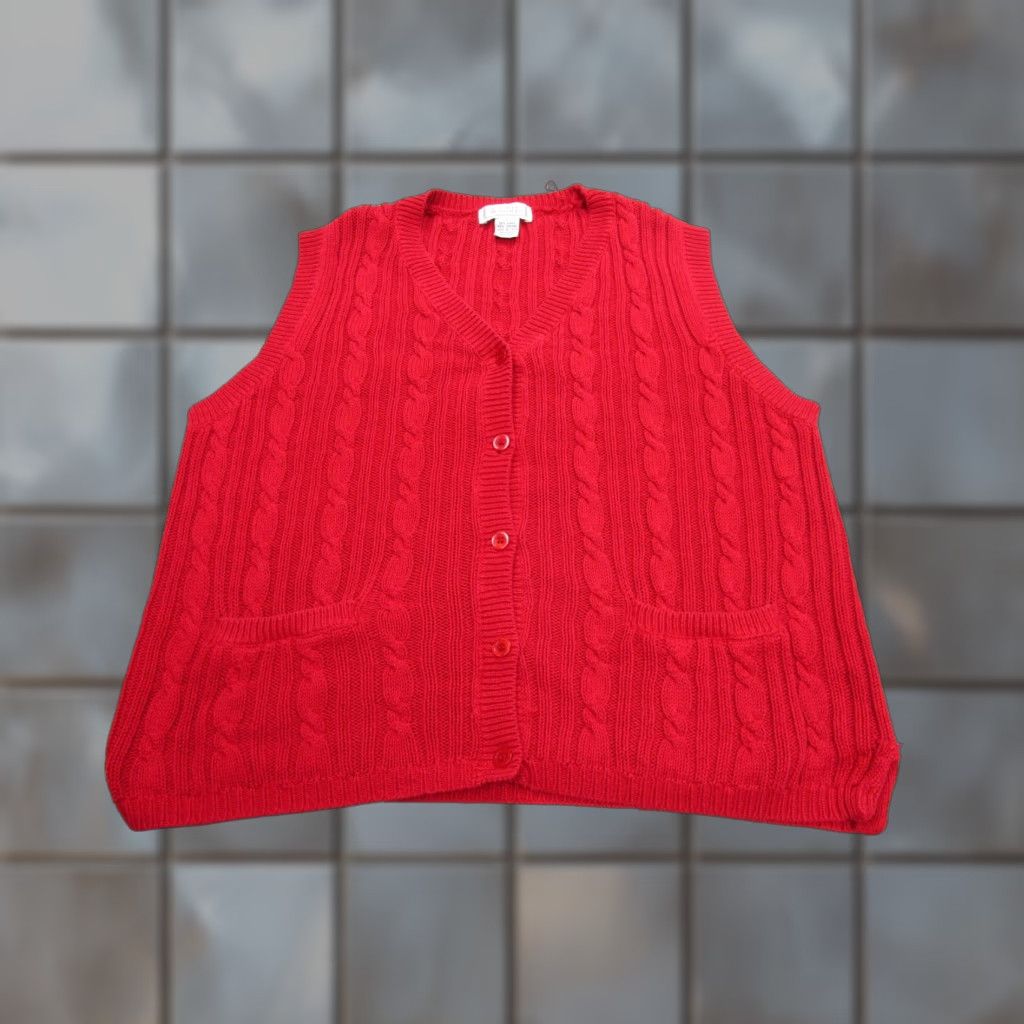 MooRER VINTAGE Jennifer Moore Sweater Vest Womens L Red Cable Knit 90s Academia Chunk Pockets V-Neck Size L / US 10 / IT 46 - 1 Thumbnail