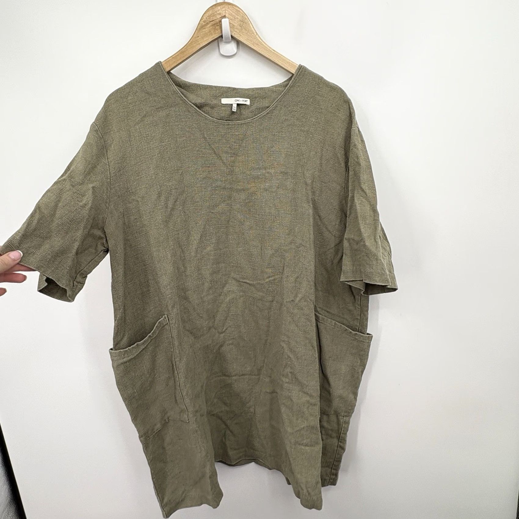 Vintage Oak Fort Linen Kaftan Dress Women One Size Lagenlook Oversized Scandi Minimalist Shirt Dress Green Size ONE SIZE - 4 Thumbnail